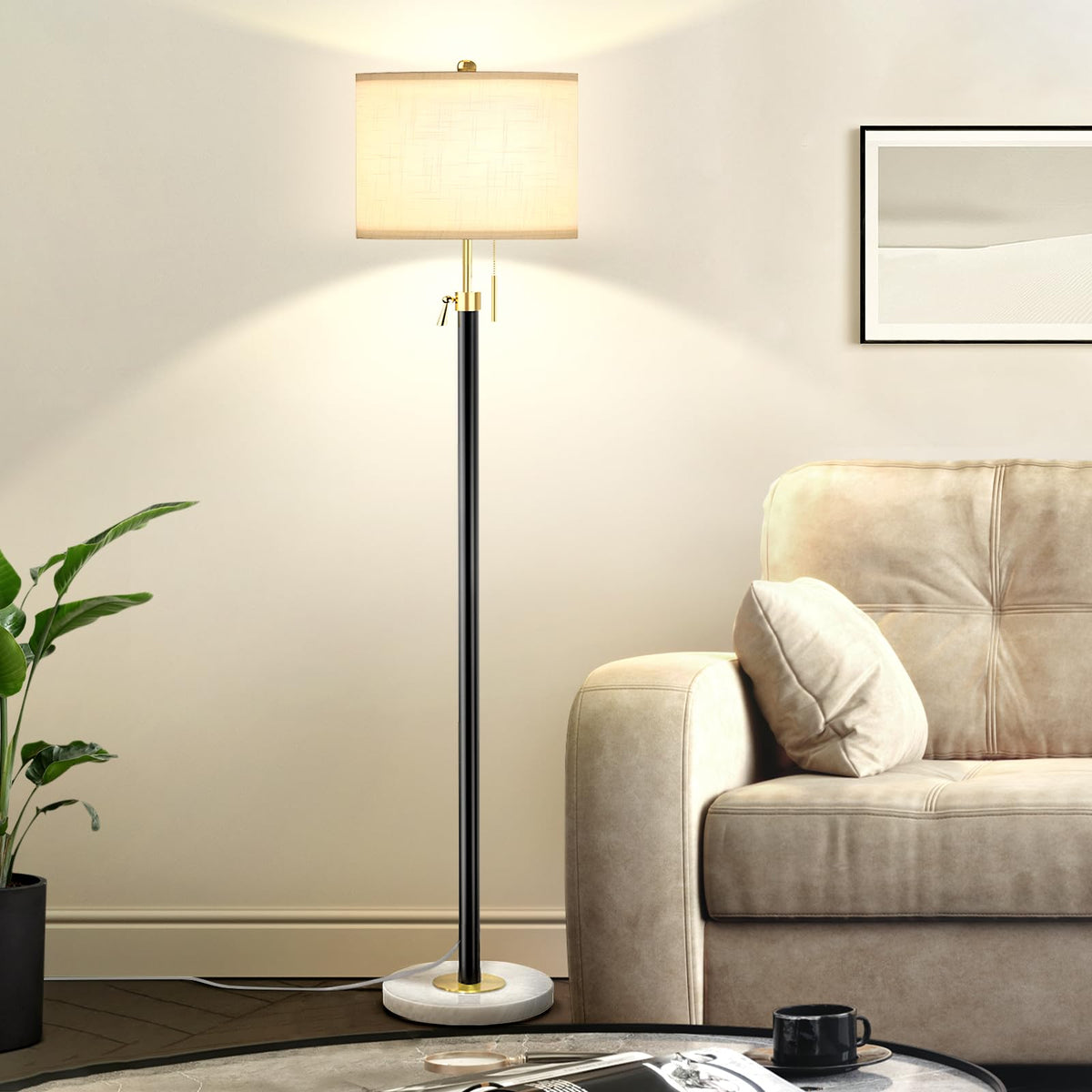 Qingmiao Brushed Nickel Floor Lamps for Living Room, 55"-67" Height Adjustable Modern Tall Lamp, 3-Way Dimmable Standing Lamp for Bedroom Office Reading Corner Home Decor, New House Warming Gifts