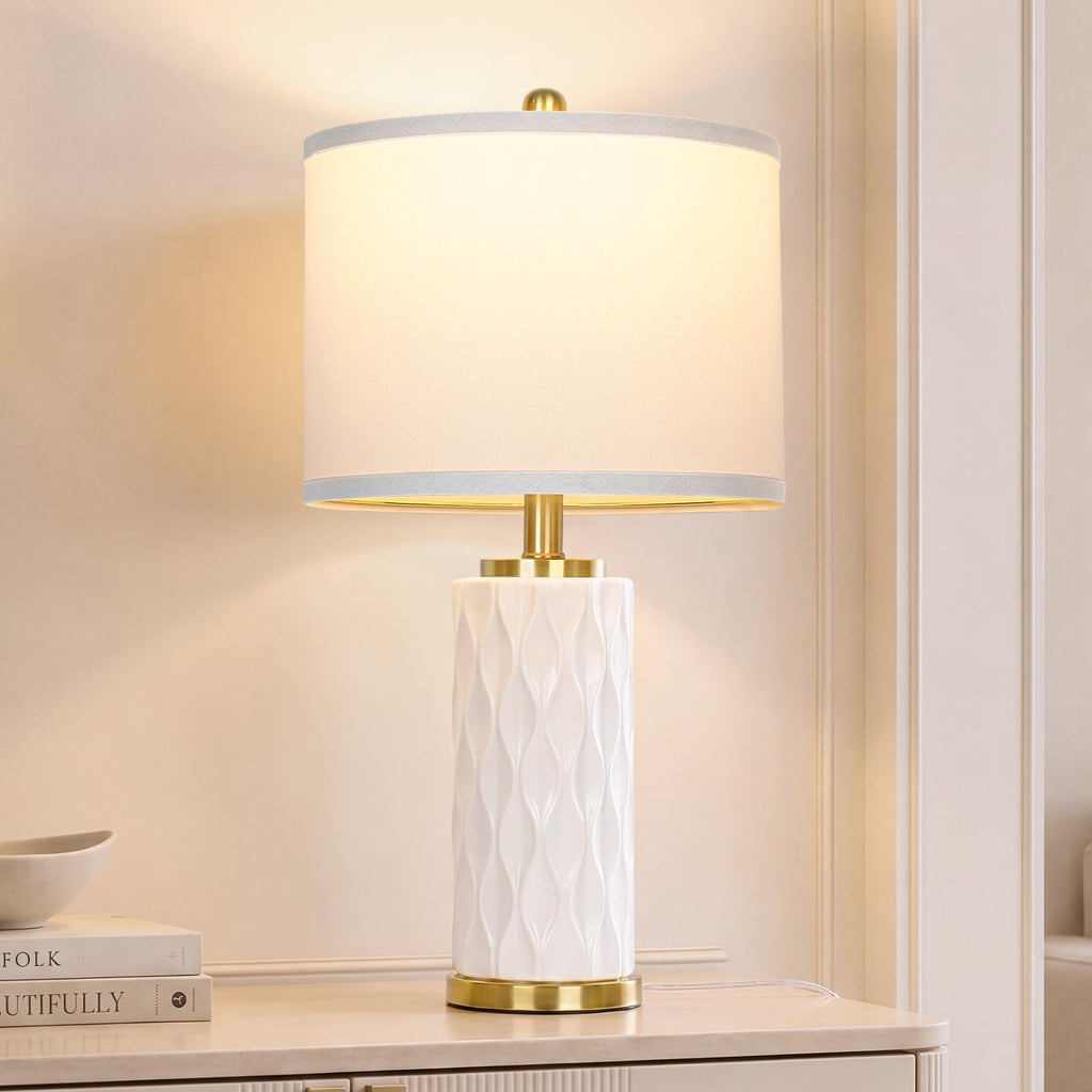 Qingmiao Modern Ceramic Table Lamp, Set of 2 - Navy Blue with Diamond Protrusions Texture, 25'' Nightstand Lamp for Bedroom Living Room, 3-Way Dimmable Included