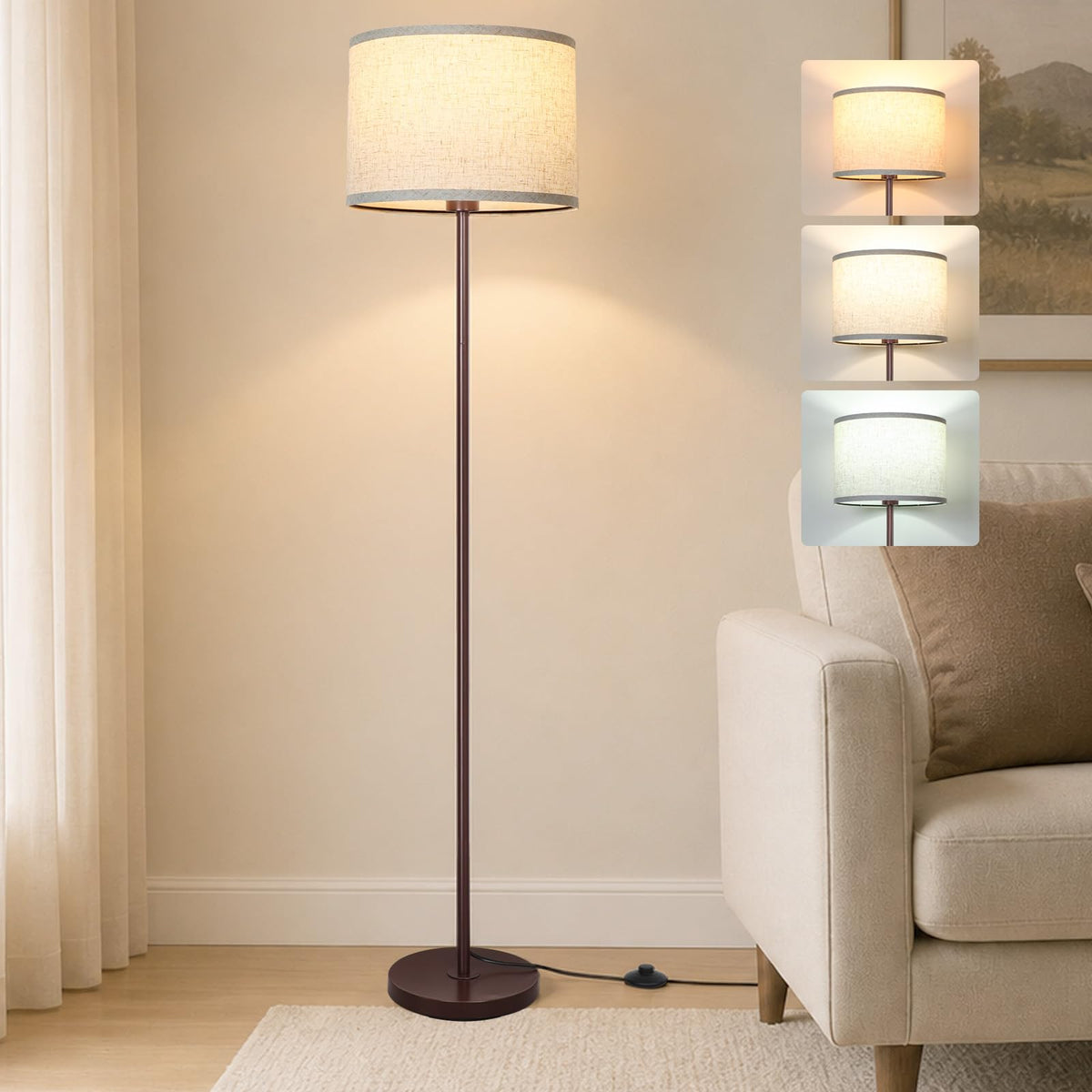 Qingmiao Gold Floor Lamp for Living Room, Anti-Tip Base, 3 Way Bulb