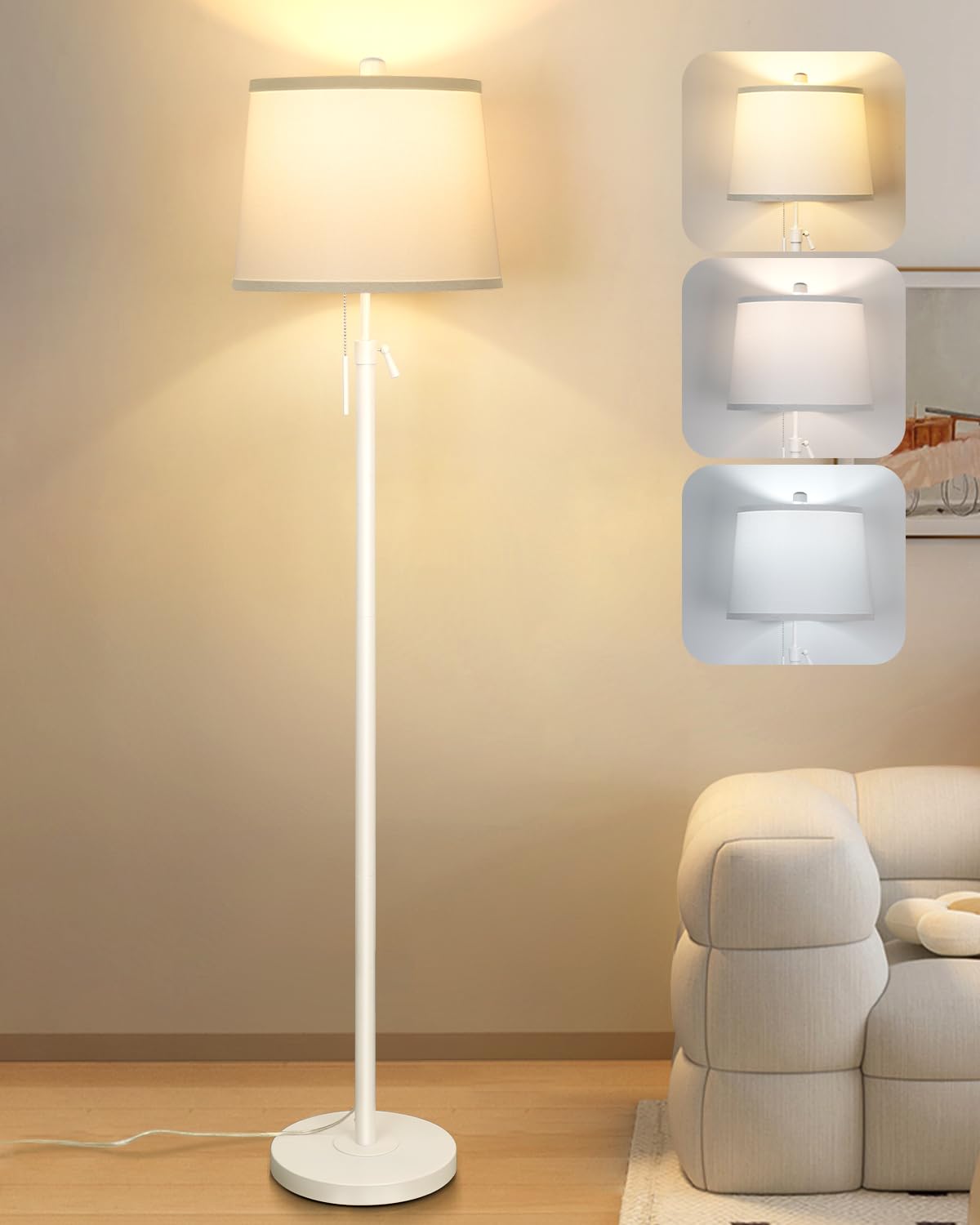 JUNNAI Gold Floor Lamp for Living Room, Tall Standing Lamp 55-65" Adjustable Modern Brass Floor Lamps for Bedroom Reading Office Kids 3 Color Lights Corner Night Stand (9W LED Bulb, White Shade)