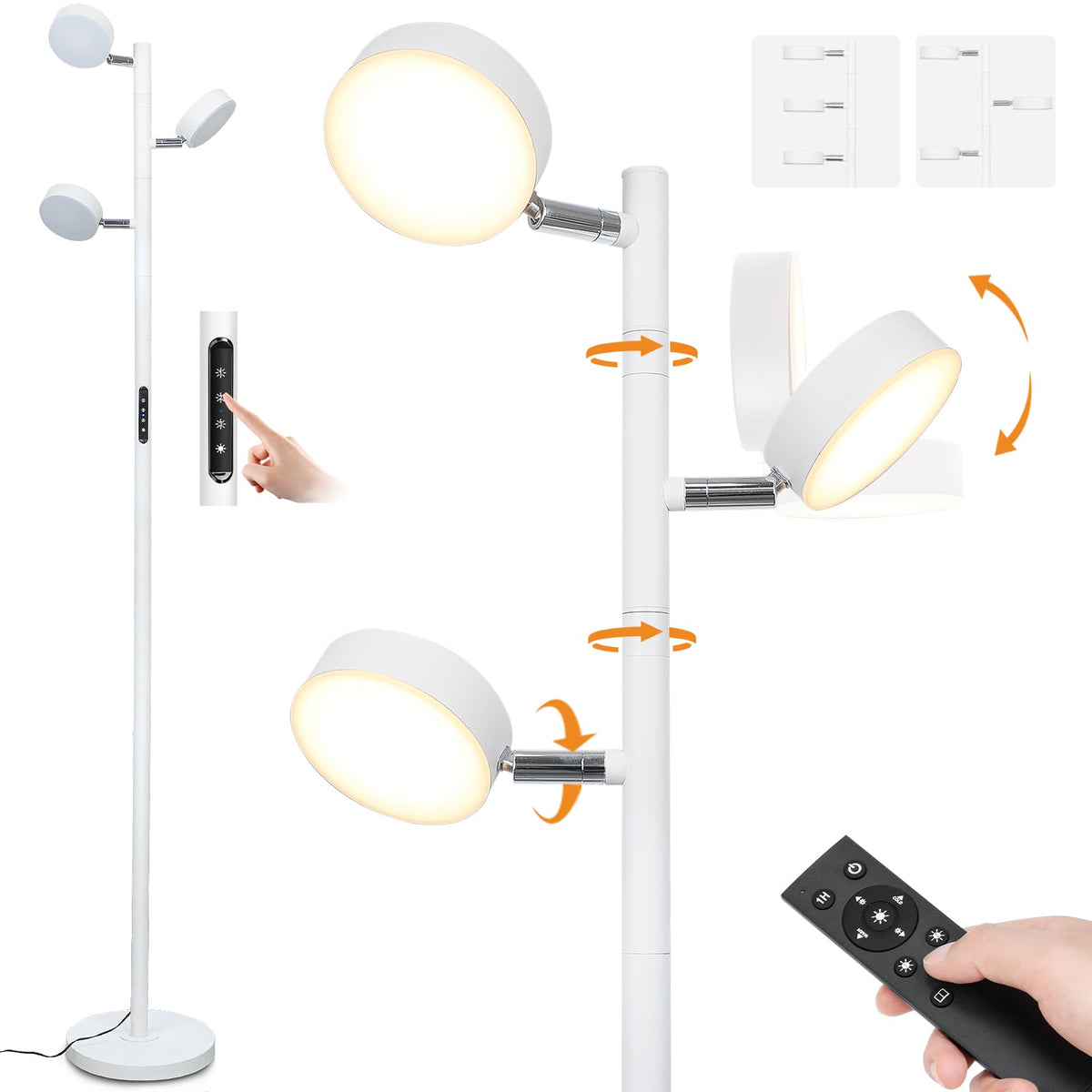 JUNNAI LED Tree Floor Lamp with Remote & Touch Control, 3 Heads Adjustable Dimmable Modern Floor Lamps with Timer, 4 Color Temperatures, Tall Standing Lamp for Living Room, Bedroom, Office, Black
