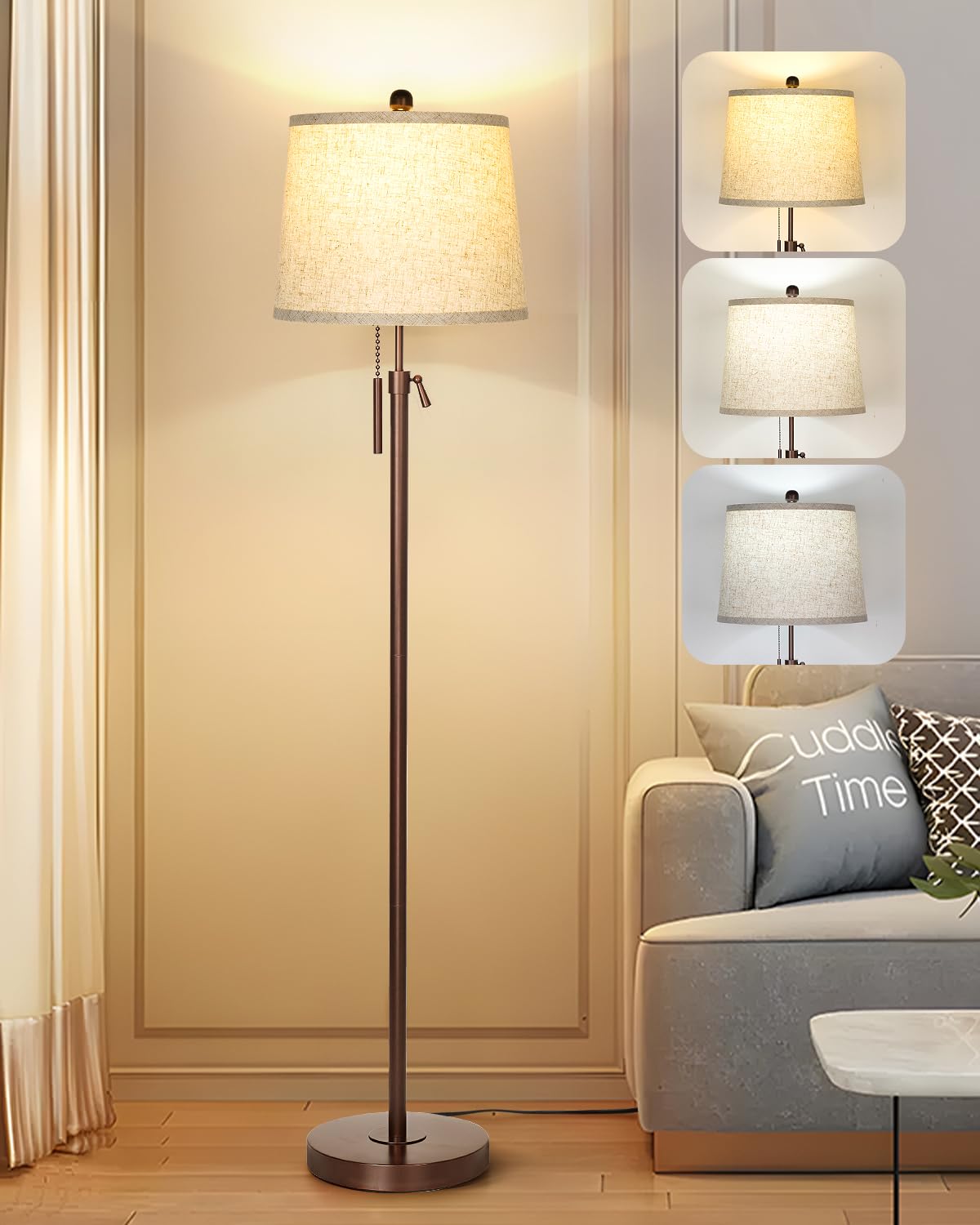 JUNNAI Gold Floor Lamp for Living Room, Tall Standing Lamp 55-65" Adjustable Modern Brass Floor Lamps for Bedroom Reading Office Kids 3 Color Lights Corner Night Stand (9W LED Bulb, White Shade)