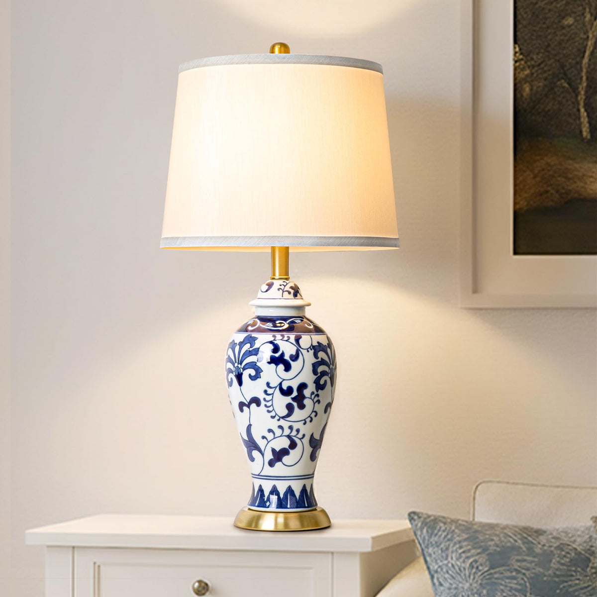 Chinoiserie Table Lamp 23'' Ceramic Table Lamp, Classic Blue and White Bedside Desk Nightstand Lamp for Bedroom Living Room Office College Bookcase Coffee,Dimmable,Single Lamp