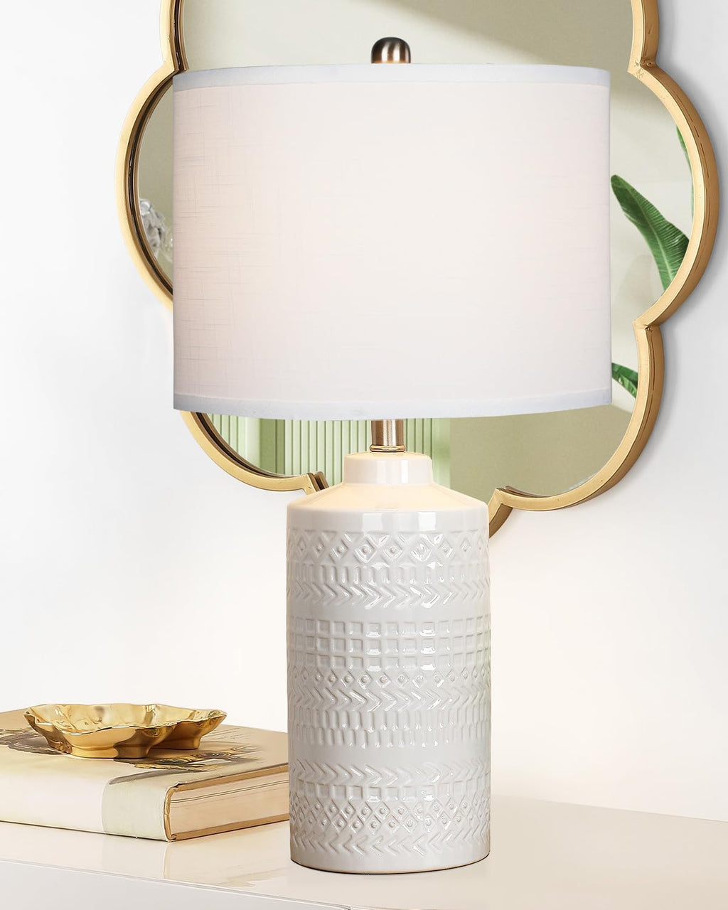 JUNNAI 24.5" White Ceramic Table Lamp 3-Way Dimmable Nightstand with White Linen Shade Bedside Lamp for Bedrooms & Living Room Office Reading(Bulb Included)