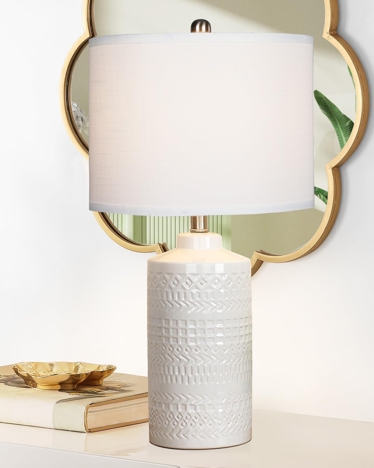 JUNNAI 24.5" White Ceramic Table Lamp 3-Way Dimmable Nightstand with White Linen Shade Bedside Lamp for Bedrooms & Living Room Office Reading(Bulb Included)