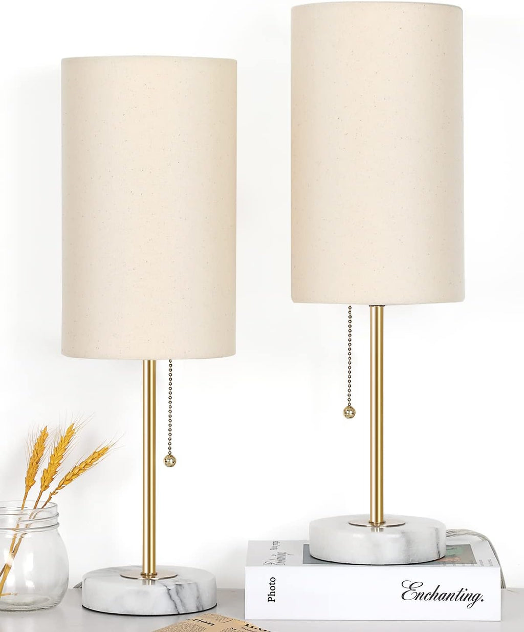 JUNNAI 18.5" Desk Lamp & Table Lamp Set of 2, Skinny Bedside Lamp with Marble Base, Pull Chain Switch, 3-Way Dimmable, Linen Fabric Shade, Small Nightstand Lamps for Living Room, Bedroom, Reading