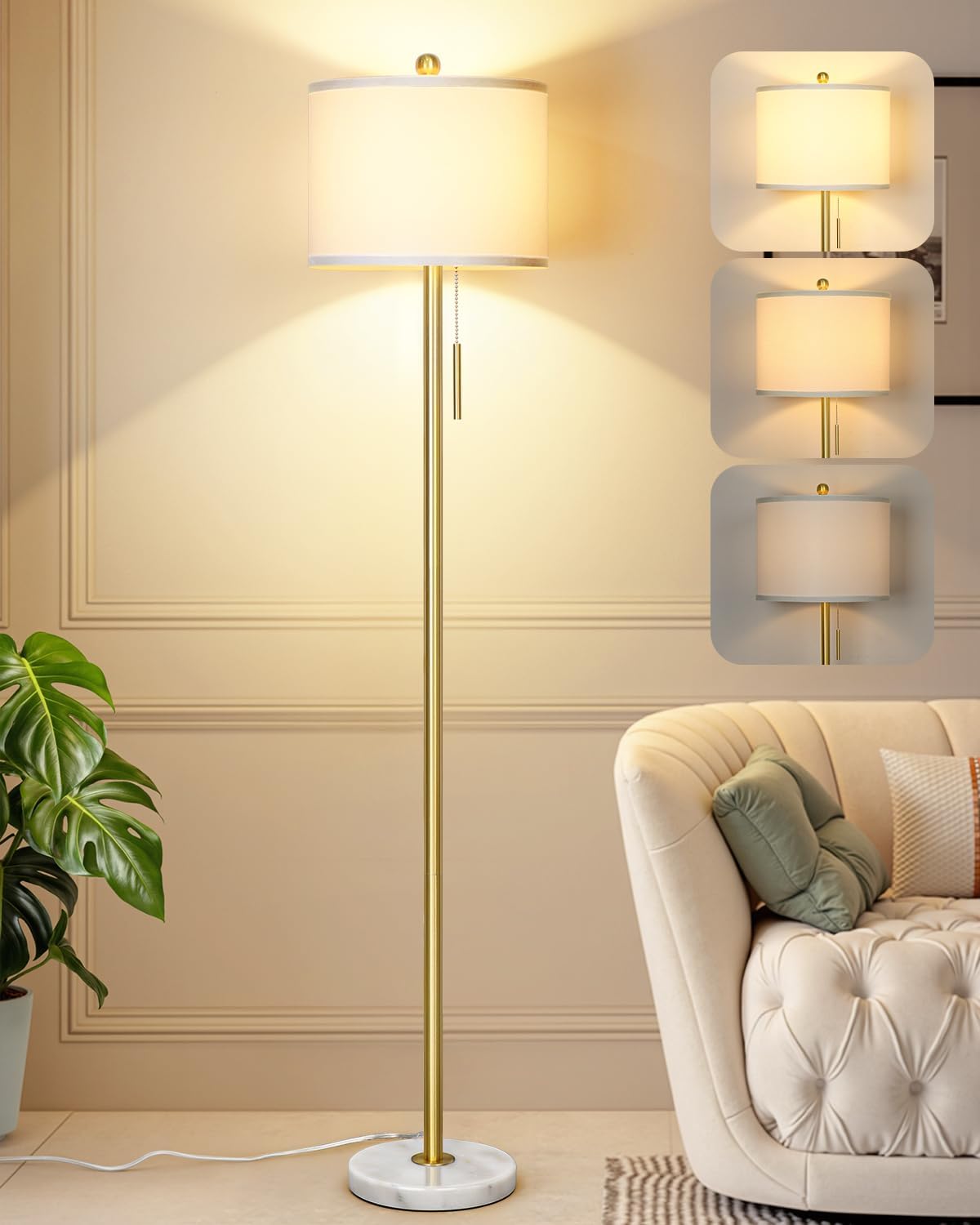Qingmiao Gold Floor Lamp for Living Room, Anti-Tip Base, 3 Way Bulb