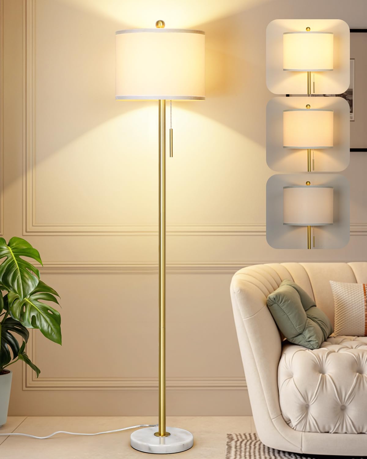 Qingmiao Gold Floor Lamp for Living Room, Anti-Tip Base, 3 Way Bulb