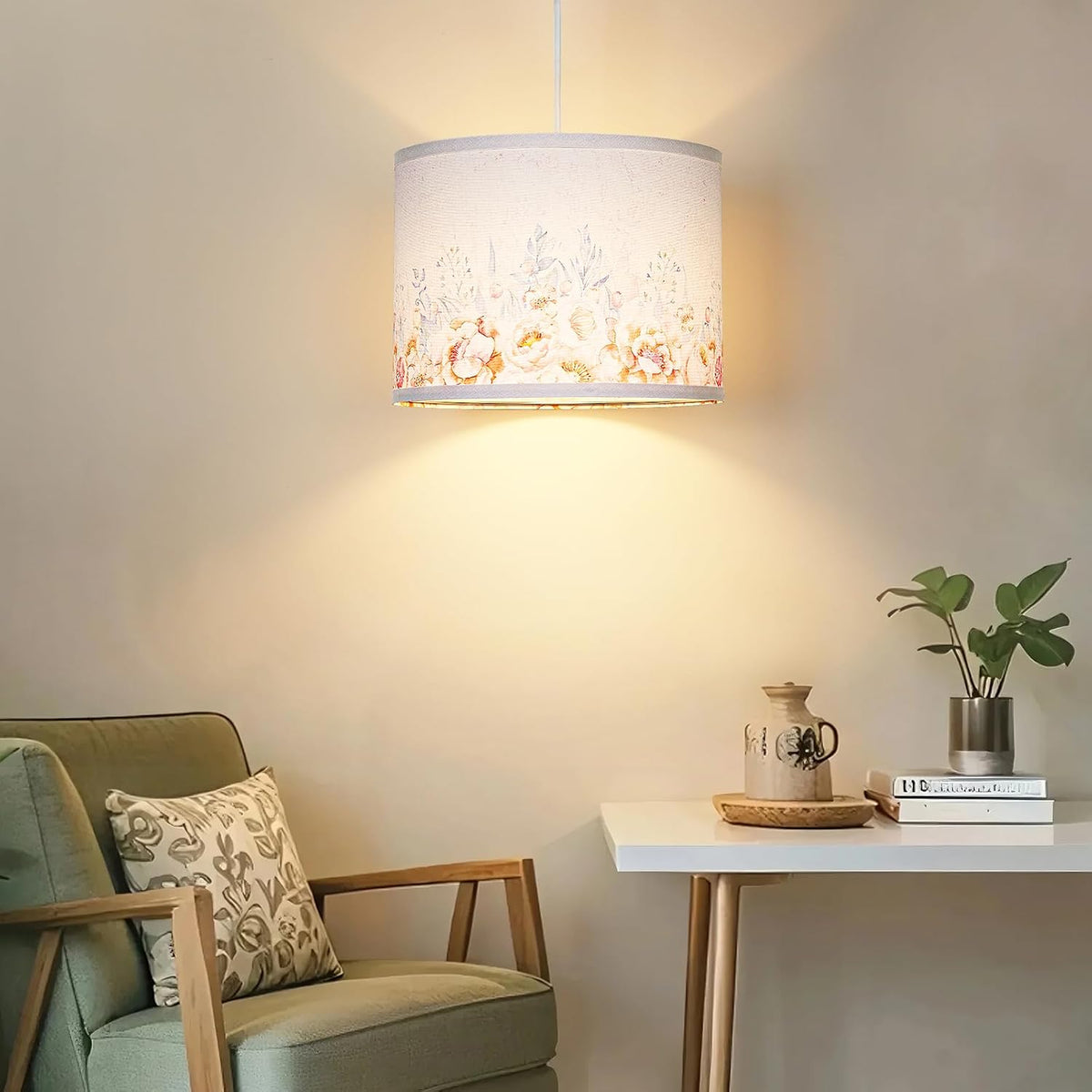 Qingmiao Boho Plug in Pendant Light, Beige Shade, 3 Way Bulb, 14ft Cord