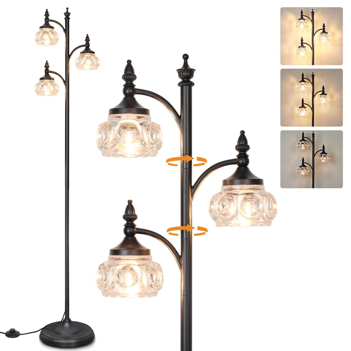 JUNNAI Gold Floor Lamp, Dimmable Tree Floor Lamps for Living Room Brass Tall Standing Lamp with 3 Rotatable Lights Glass Shade 66.5'' Modern Corner Lamp for Bedroom Office(3LED Bulbs Included)