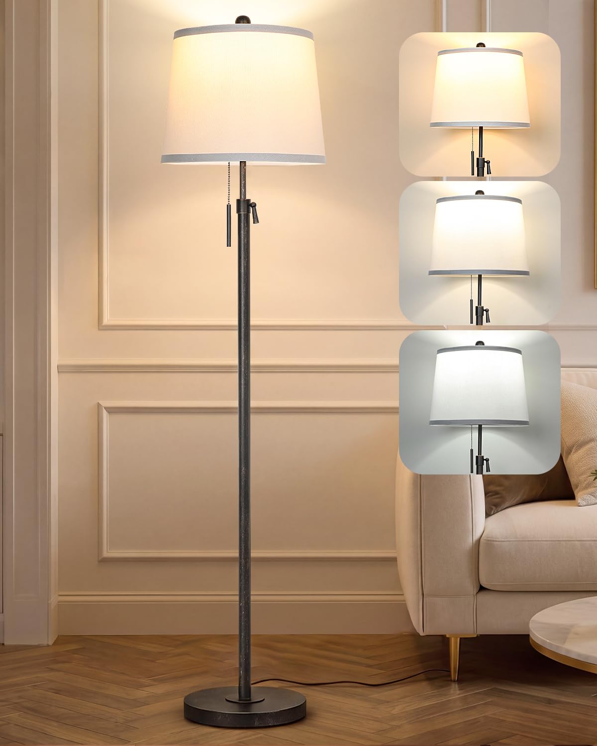 JUNNAI Gold Floor Lamp for Living Room, Tall Standing Lamp 55-65" Adjustable Modern Brass Floor Lamps for Bedroom Reading Office Kids 3 Color Lights Corner Night Stand (9W LED Bulb, White Shade)