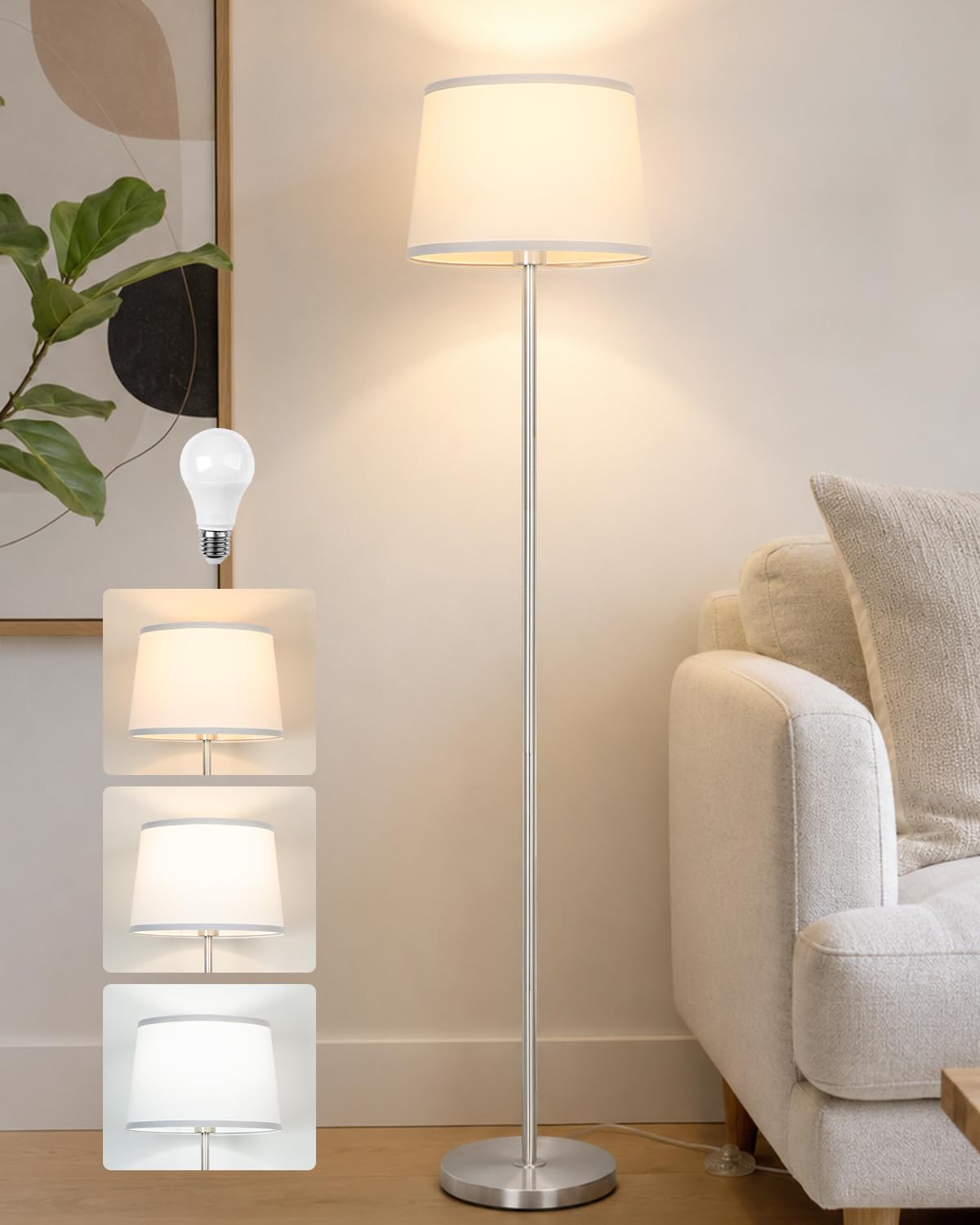 JUNNAI Gold Floor Lamp for Living Room, 61.8" Tall Standing Lamp, Modern Brass Floor Lamp for Bedroom Reading Office Classroom Corner, 3-Color Temperatures, 9W LED Bulb Included