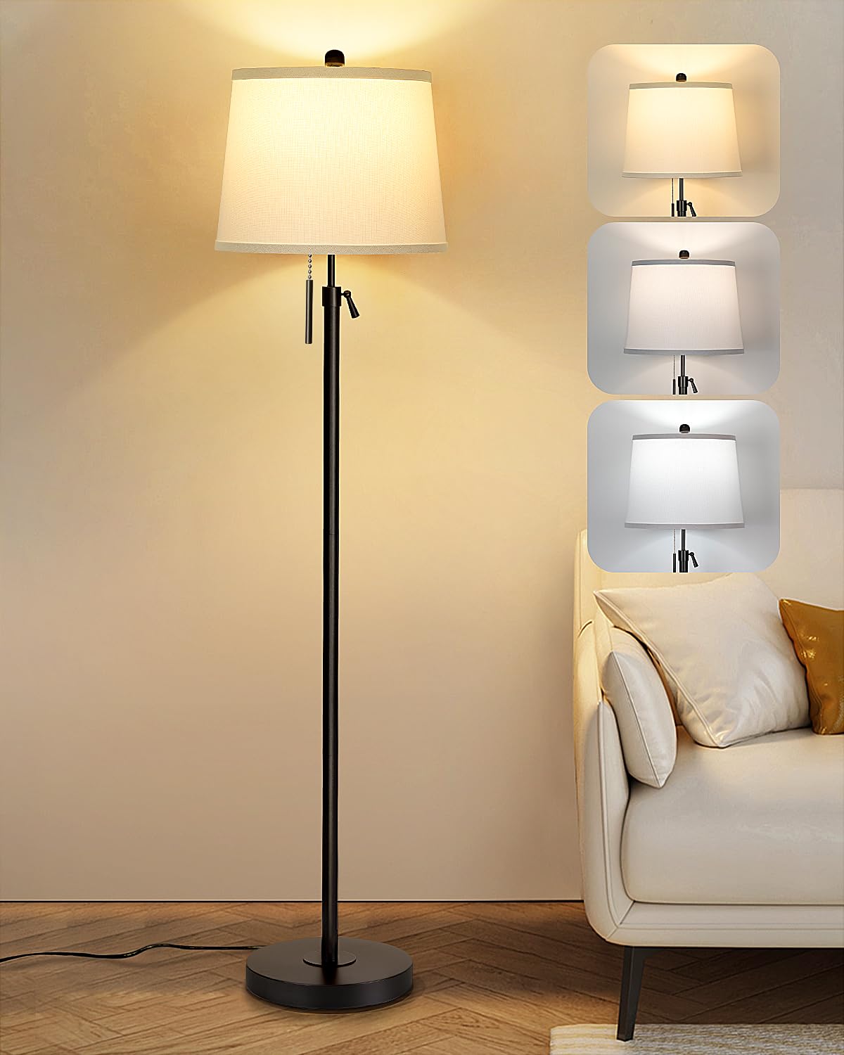 JUNNAI Gold Floor Lamp for Living Room, Tall Standing Lamp 55-65" Adjustable Modern Brass Floor Lamps for Bedroom Reading Office Kids 3 Color Lights Corner Night Stand (9W LED Bulb, White Shade)