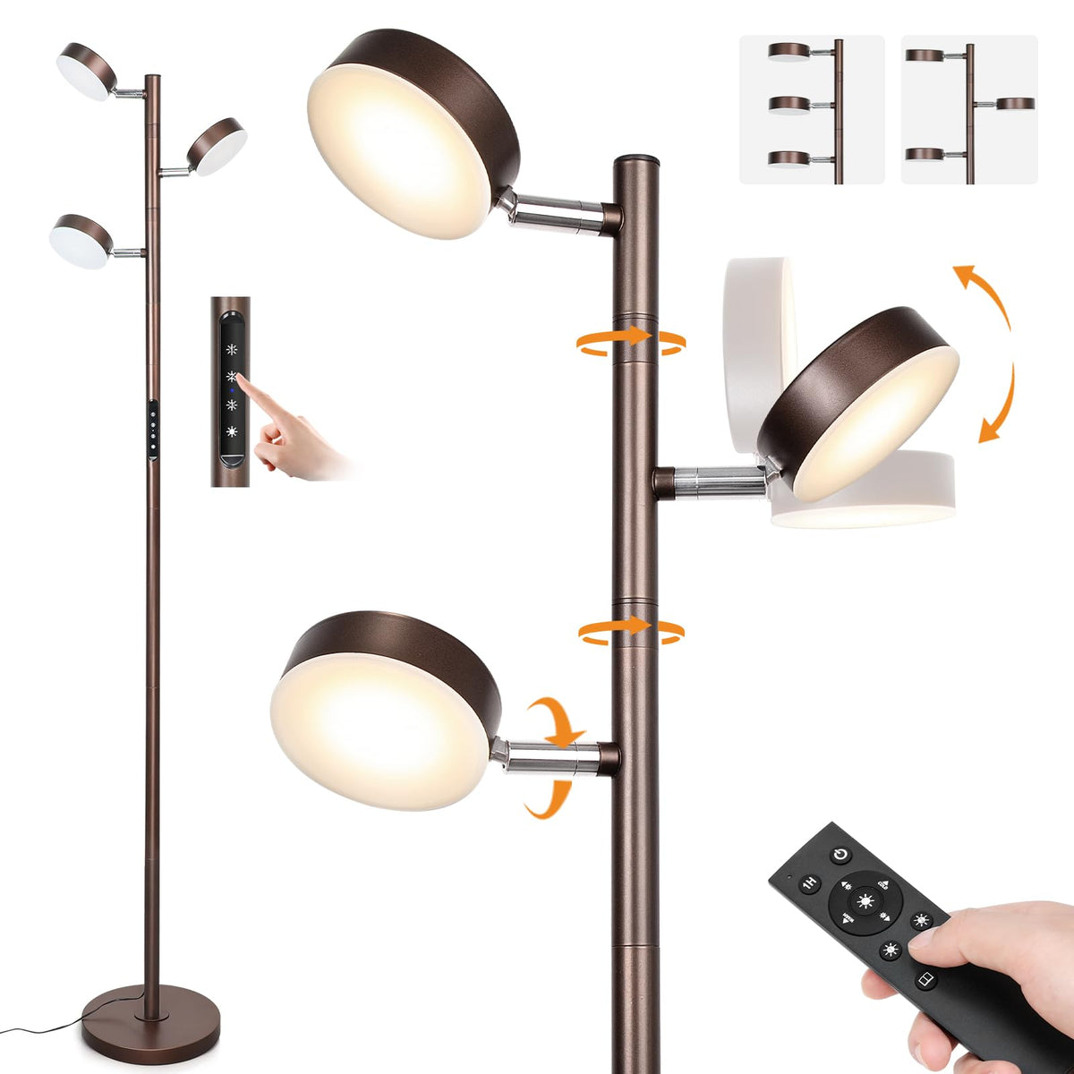 JUNNAI LED Tree Floor Lamp with Remote & Touch Control, 3 Heads Adjustable Dimmable Modern Floor Lamps with Timer, 4 Color Temperatures, Tall Standing Lamp for Living Room, Bedroom, Office, Black