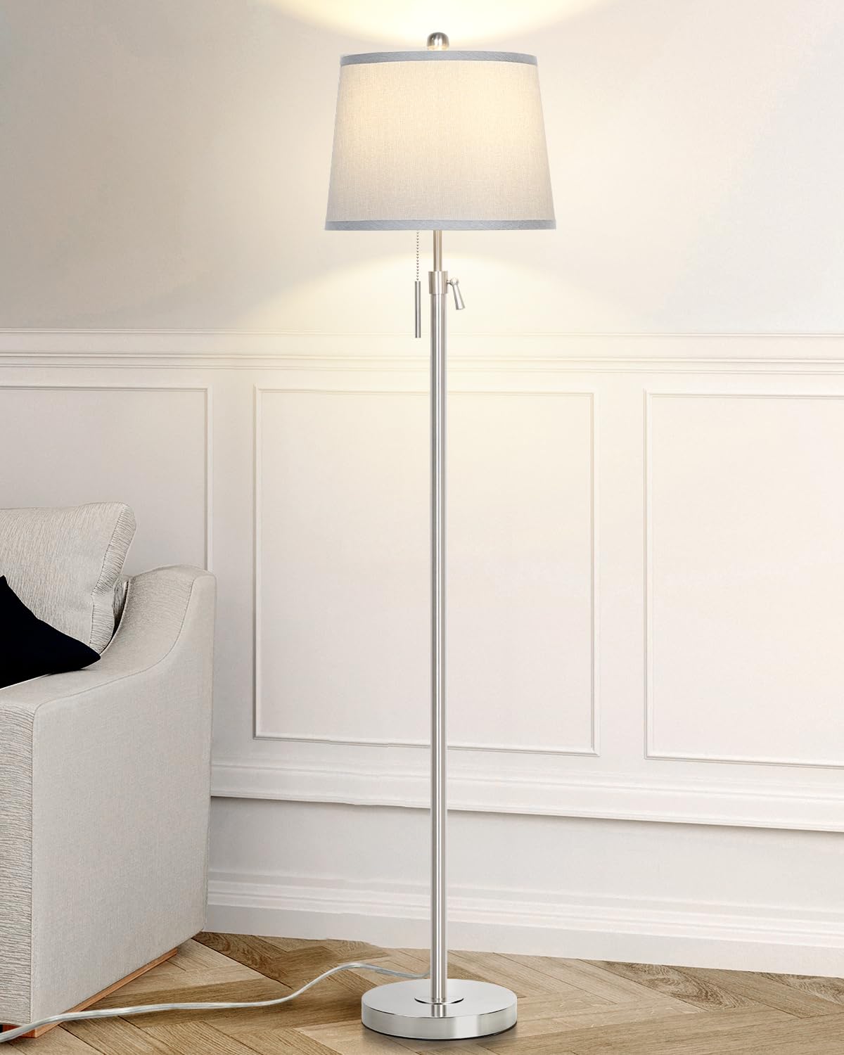 JUNNAI Gold Floor Lamp for Living Room, Tall Standing Lamp 55-65" Adjustable Modern Brass Floor Lamps for Bedroom Reading Office Kids 3 Color Lights Corner Night Stand (9W LED Bulb, White Shade)