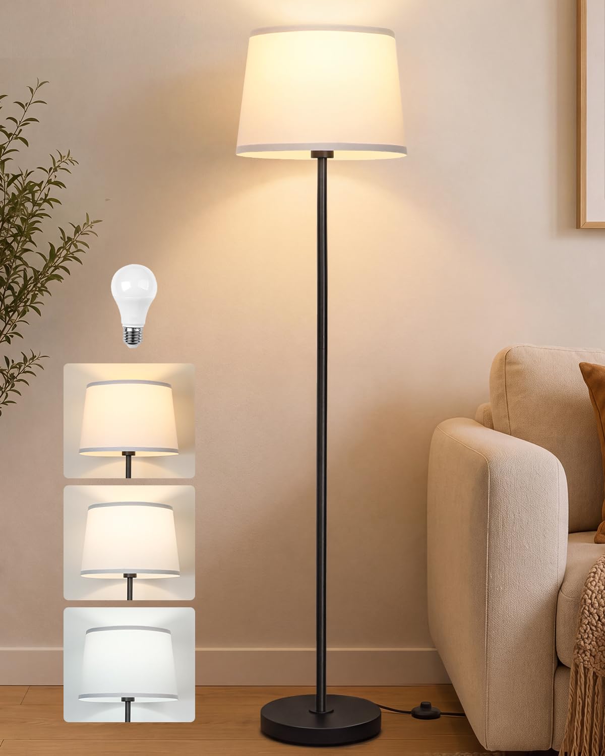 JUNNAI Gold Floor Lamp for Living Room, 61.8" Tall Standing Lamp, Modern Brass Floor Lamp for Bedroom Reading Office Classroom Corner, 3-Color Temperatures, 9W LED Bulb Included