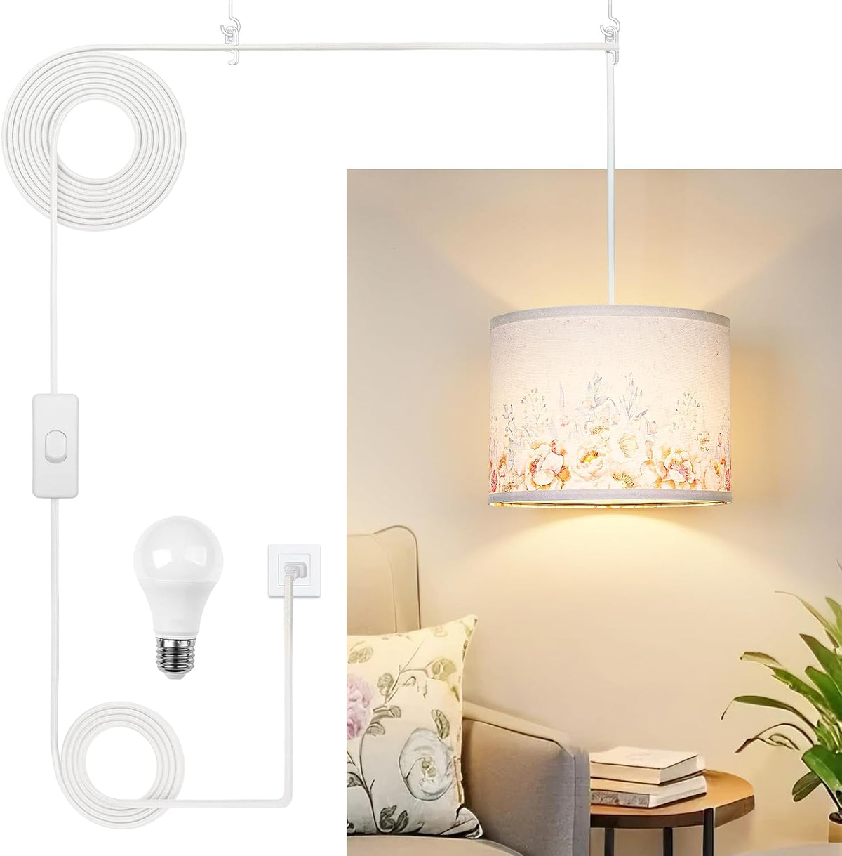 Qingmiao Boho Plug in Pendant Light, Beige Shade, 3 Way Bulb, 14ft Cord