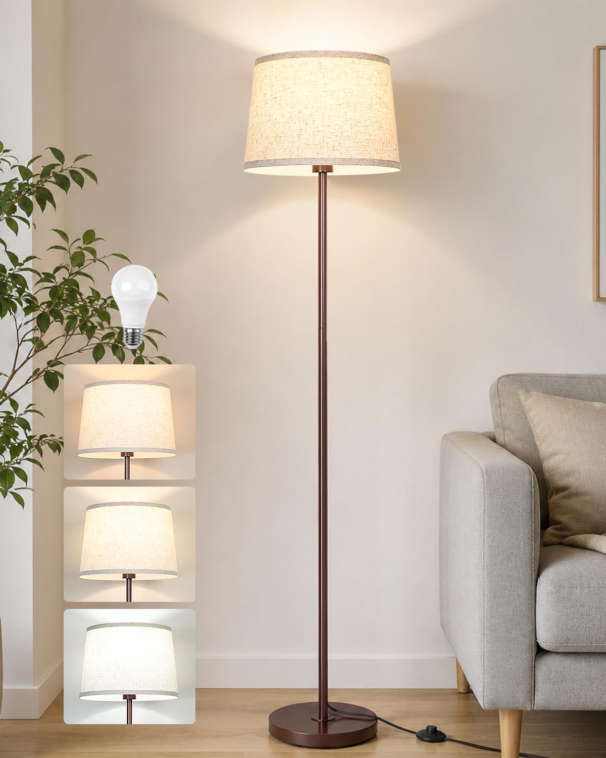 JUNNAI Gold Floor Lamp for Living Room, 61.8" Tall Standing Lamp, Modern Brass Floor Lamp for Bedroom Reading Office Classroom Corner, 3-Color Temperatures, 9W LED Bulb Included