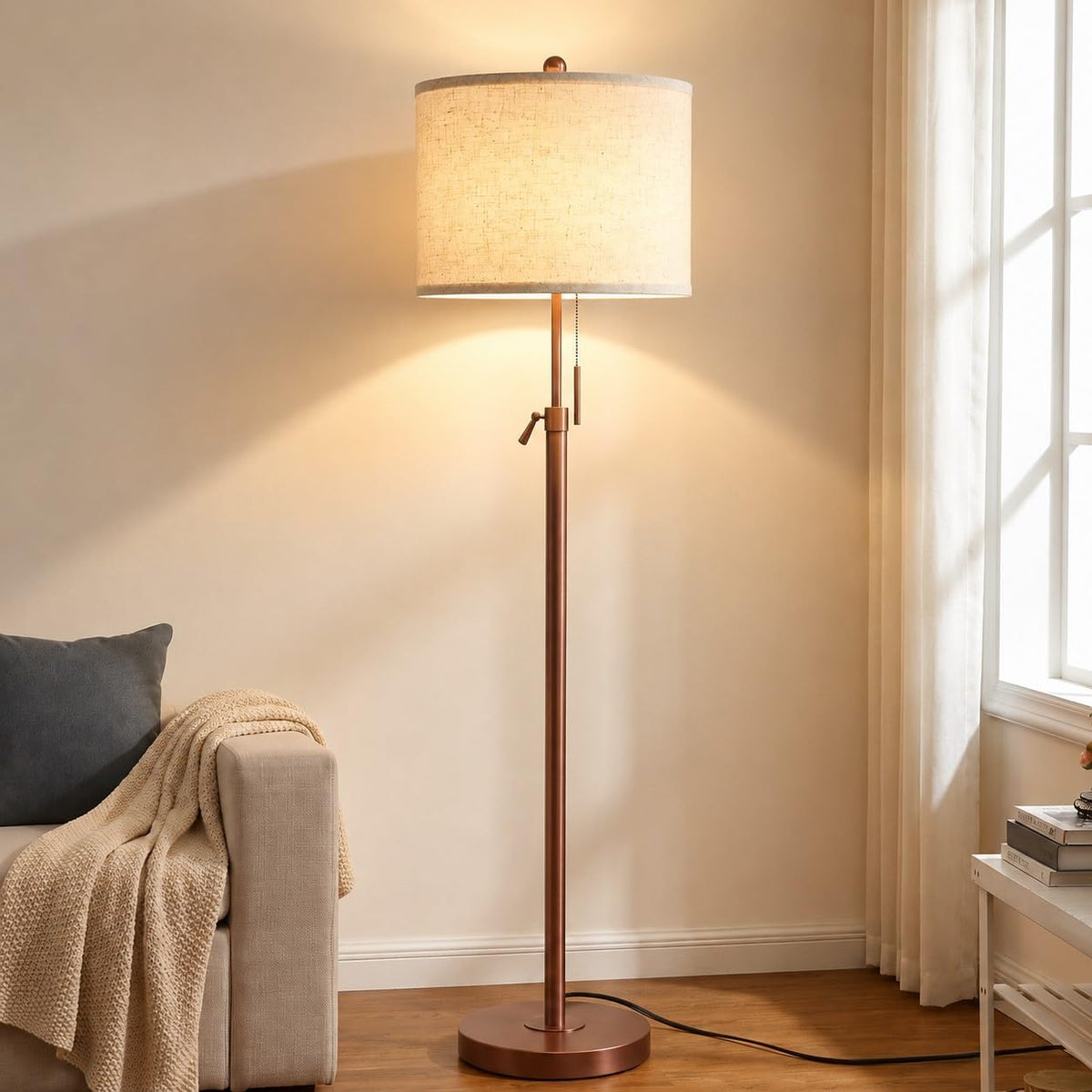 Qingmiao Brushed Nickel Floor Lamps for Living Room, 55"-67" Height Adjustable Modern Tall Lamp, 3-Way Dimmable Standing Lamp for Bedroom Office Reading Corner Home Decor, New House Warming Gifts