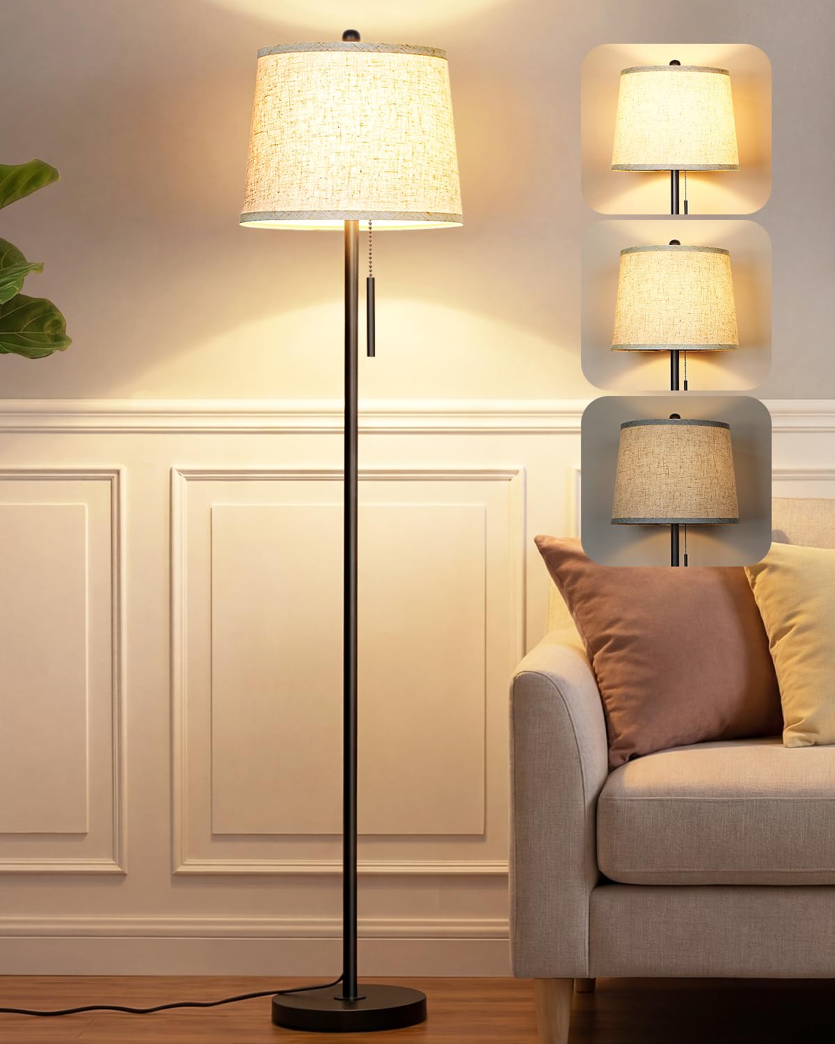 JUNNAI Gold Floor Lamp for Living Room, 61.8" Tall Standing Lamp, Modern Brass Floor Lamp for Bedroom Reading Office Classroom Corner, 3-Color Temperatures, 9W LED Bulb Included