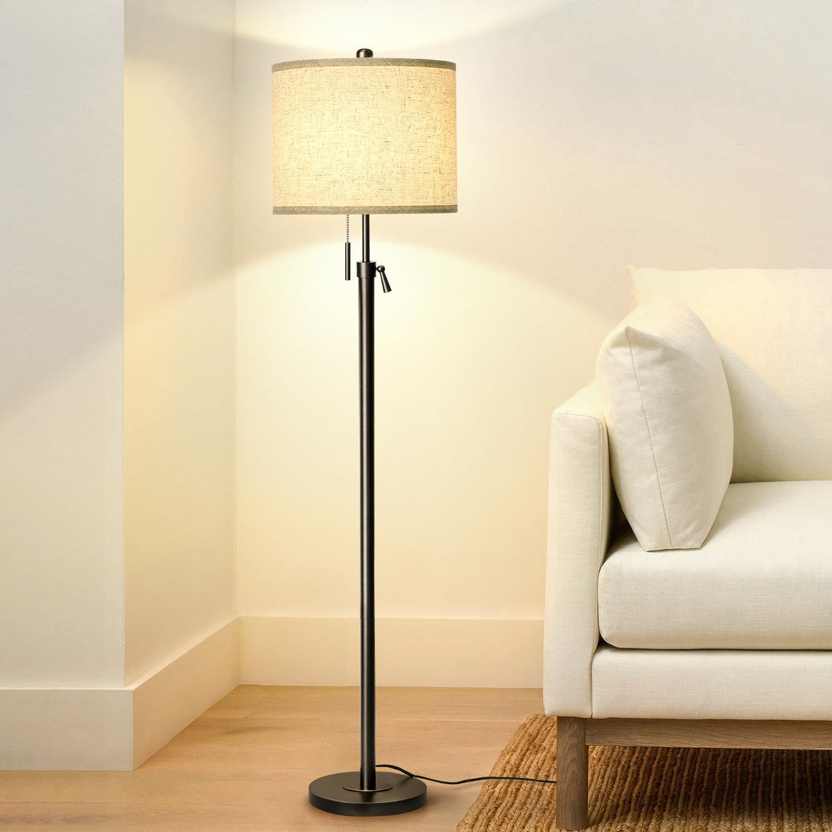 Qingmiao Brushed Nickel Floor Lamps for Living Room, 55"-67" Height Adjustable Modern Tall Lamp, 3-Way Dimmable Standing Lamp for Bedroom Office Reading Corner Home Decor, New House Warming Gifts