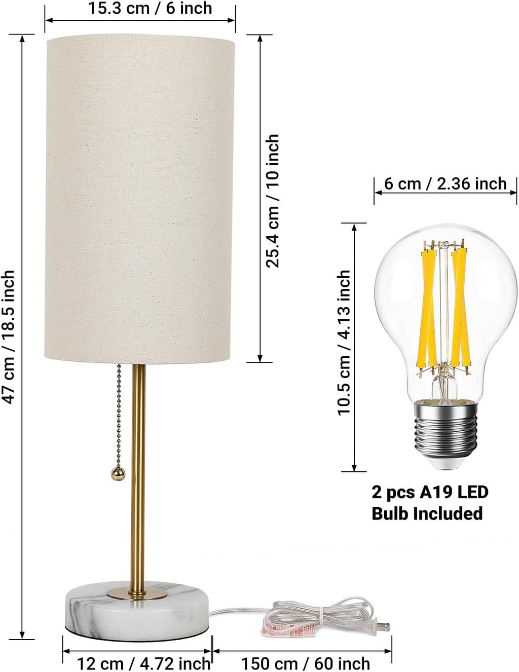 JUNNAI 18.5" Desk Lamp & Table Lamp Set of 2, Skinny Bedside Lamp with Marble Base, Pull Chain Switch, 3-Way Dimmable, Linen Fabric Shade, Small Nightstand Lamps for Living Room, Bedroom, Reading