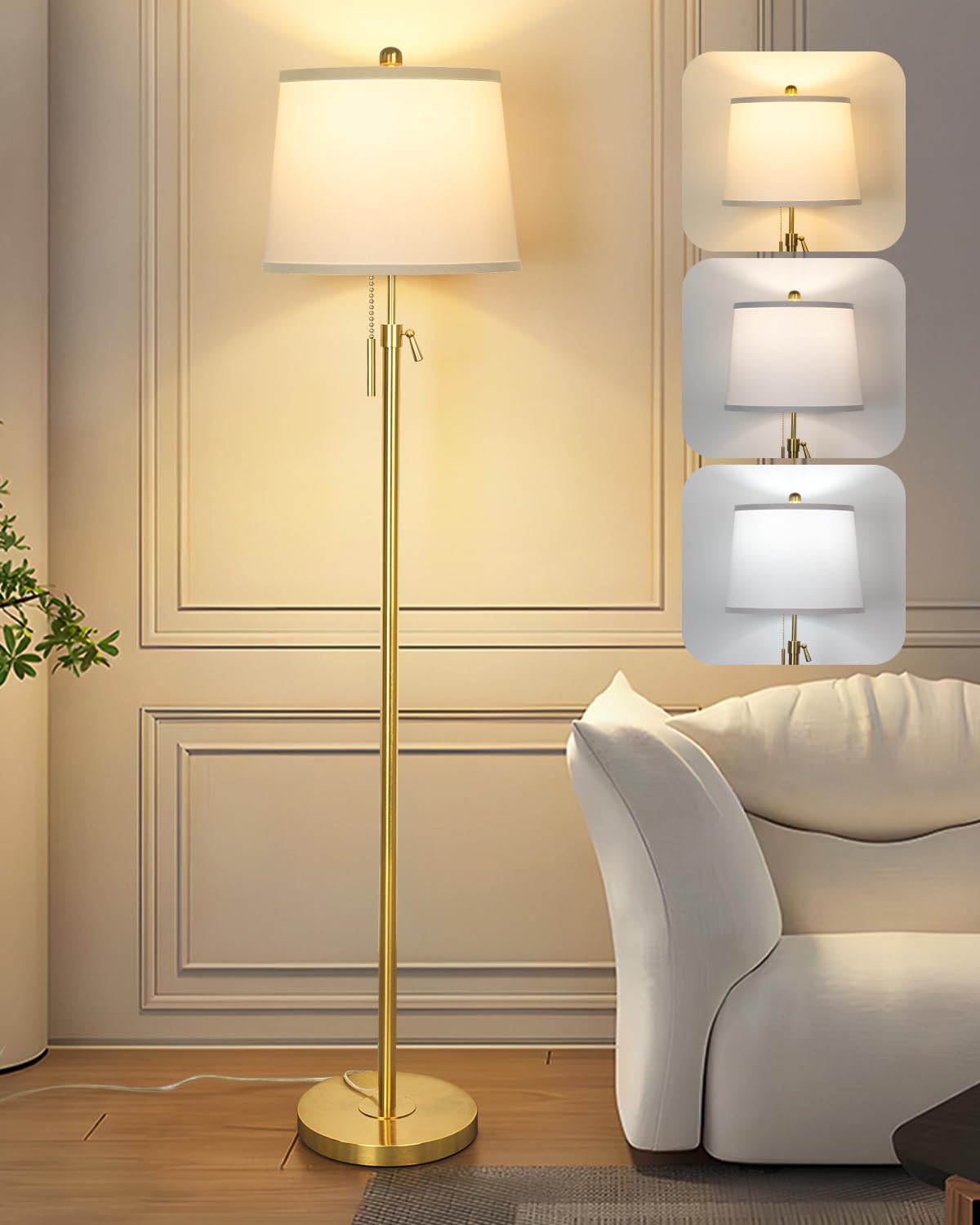 JUNNAI Gold Floor Lamp for Living Room, Tall Standing Lamp 55-65" Adjustable Modern Brass Floor Lamps for Bedroom Reading Office Kids 3 Color Lights Corner Night Stand (9W LED Bulb, White Shade)