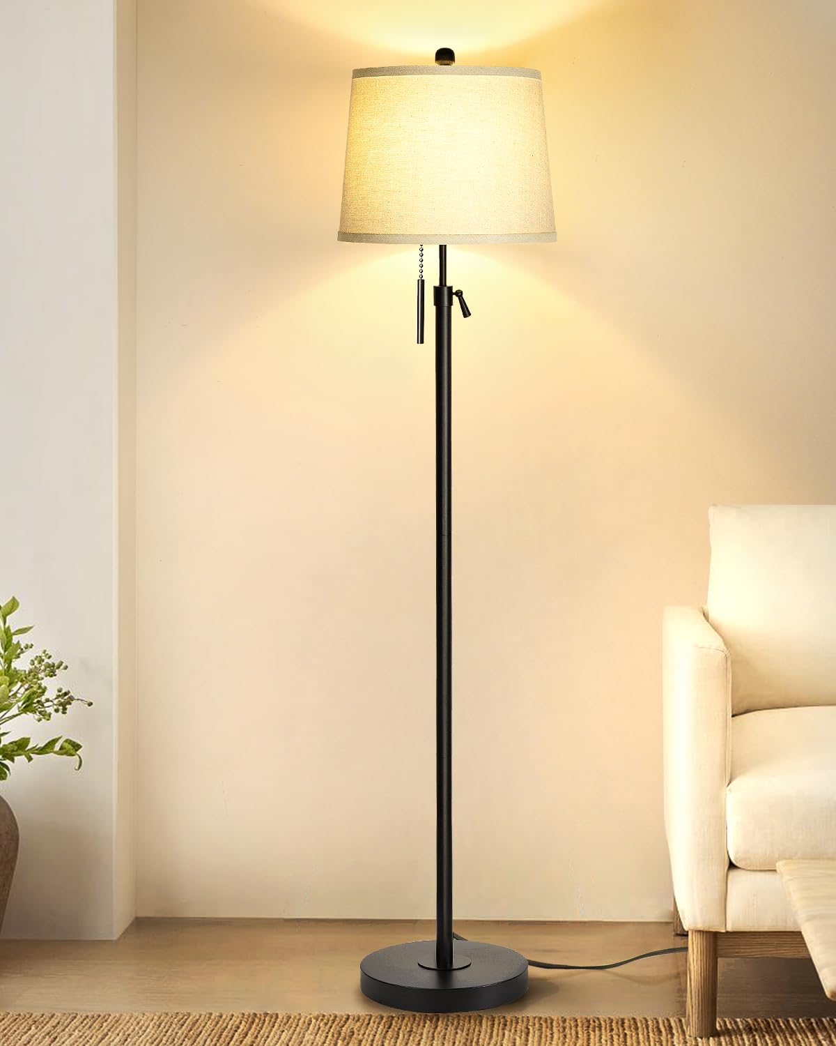 JUNNAI Gold Floor Lamp for Living Room, Tall Standing Lamp 55-65" Adjustable Modern Brass Floor Lamps for Bedroom Reading Office Kids 3 Color Lights Corner Night Stand (9W LED Bulb, White Shade)