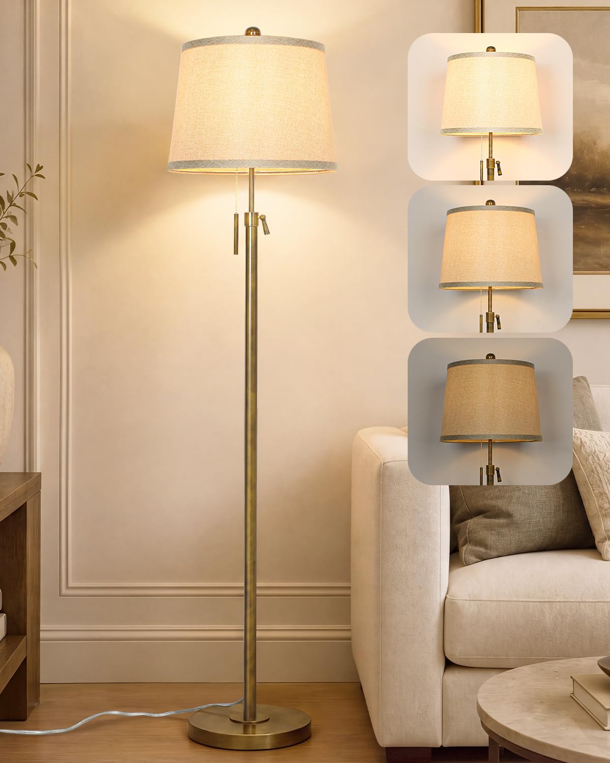 JUNNAI Gold Floor Lamp for Living Room, Tall Standing Lamp 55-65" Adjustable Modern Brass Floor Lamps for Bedroom Reading Office Kids 3 Color Lights Corner Night Stand (9W LED Bulb, White Shade)