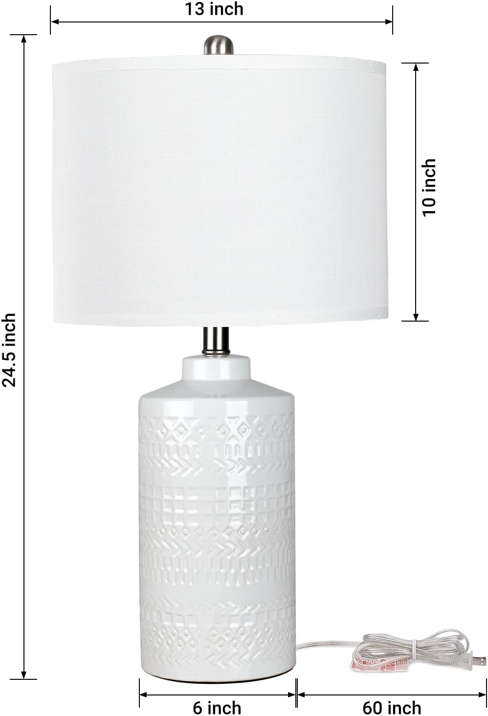 JUNNAI 24.5" White Ceramic Table Lamp 3-Way Dimmable Nightstand with White Linen Shade Bedside Lamp for Bedrooms & Living Room Office Reading(Bulb Included)