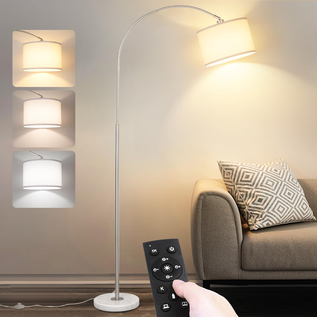 Qingmiao Dimmable Arc Floor Lamp, Remote & Foot Switch, Adjustable Shade
