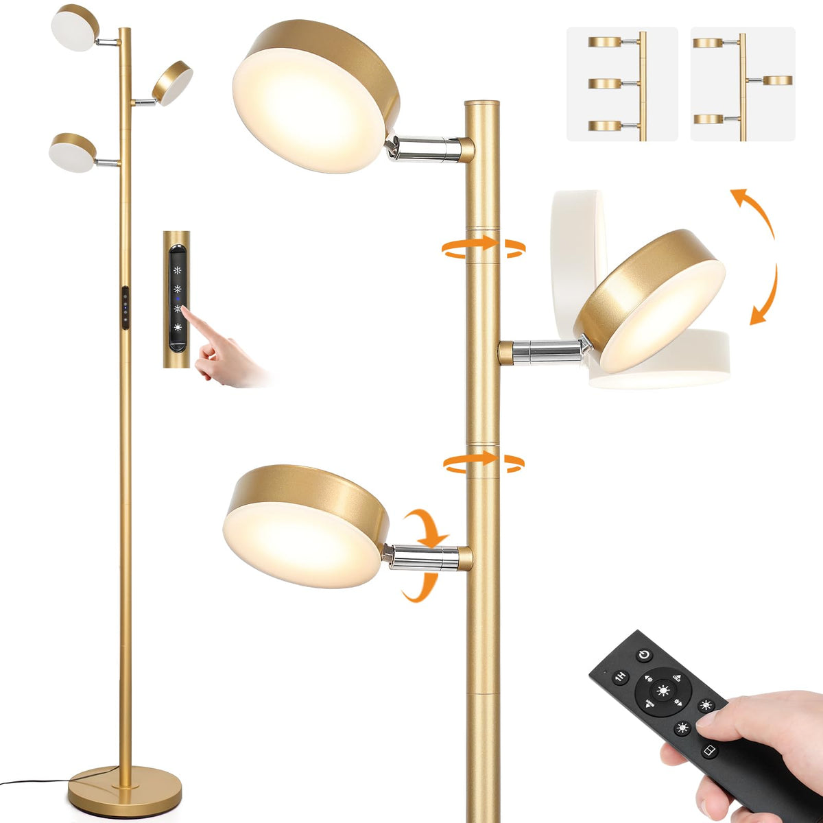 JUNNAI LED Tree Floor Lamp with Remote & Touch Control, 3 Heads Adjustable Dimmable Modern Floor Lamps with Timer, 4 Color Temperatures, Tall Standing Lamp for Living Room, Bedroom, Office, Black