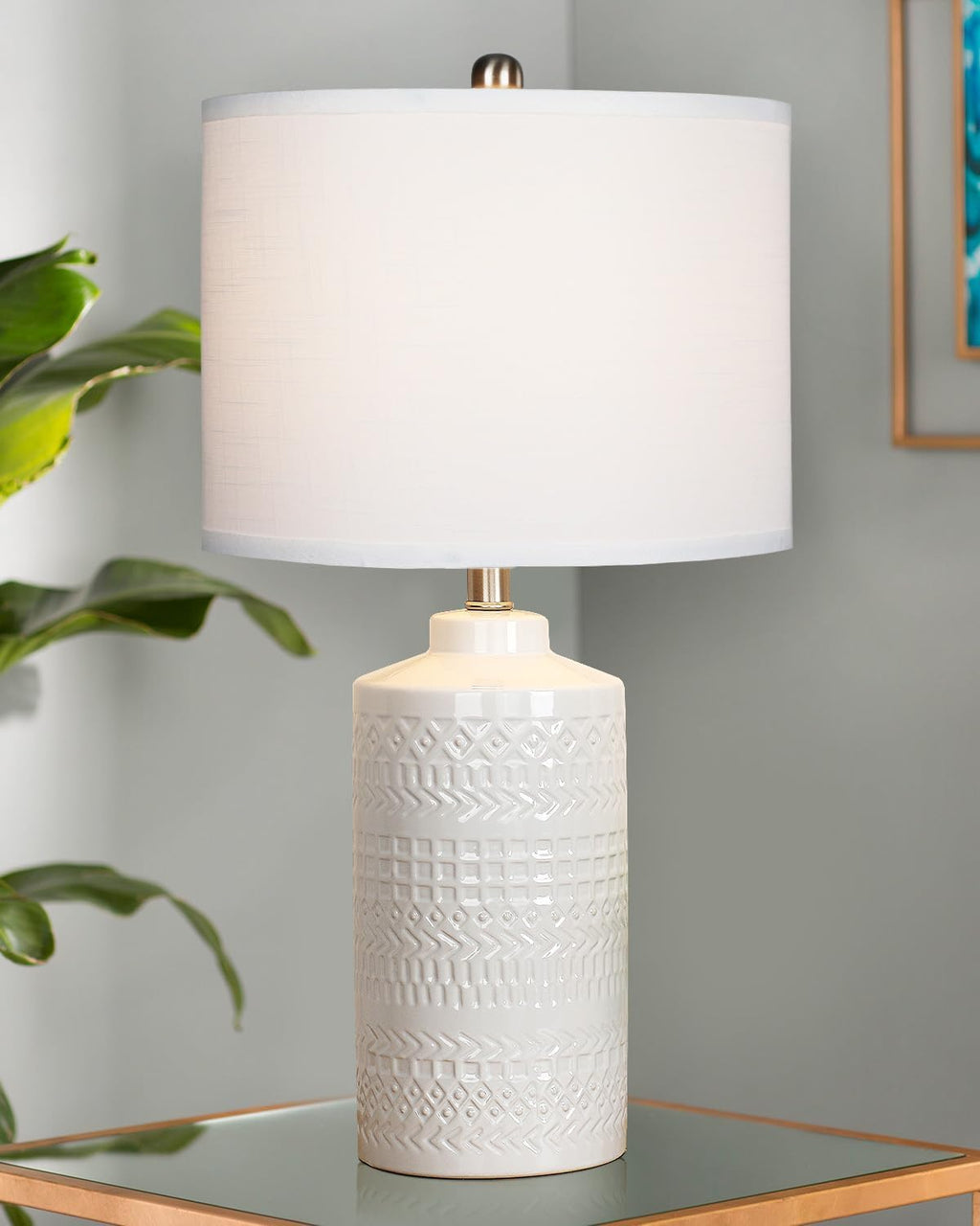 JUNNAI 24.5" White Ceramic Table Lamp 3-Way Dimmable Nightstand with White Linen Shade Bedside Lamp for Bedrooms & Living Room Office Reading(Bulb Included)