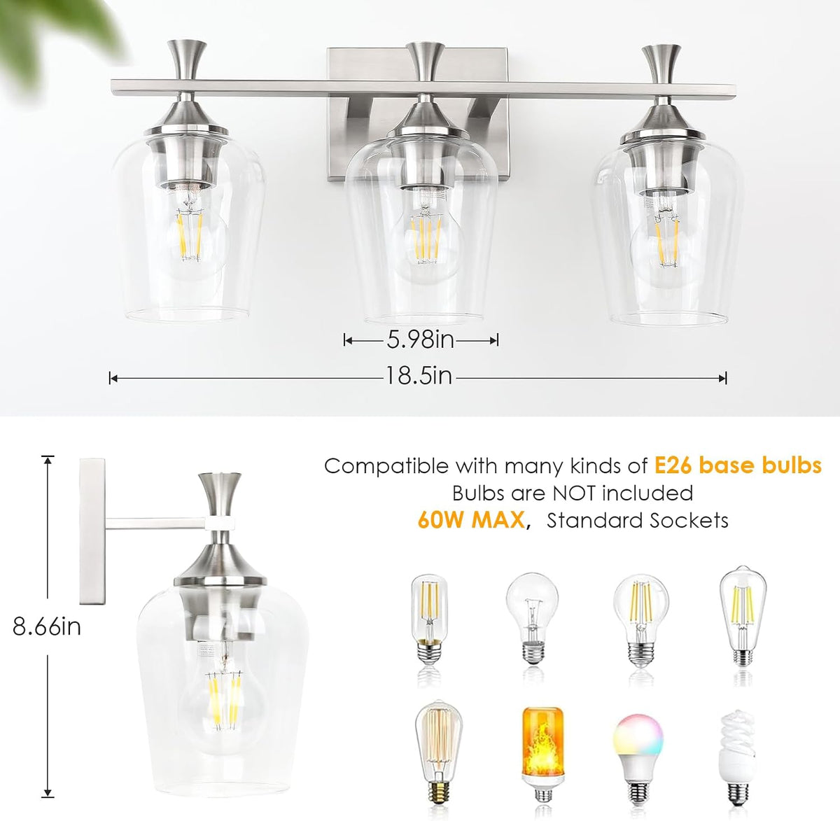 Silver Bathroom Vanity Light, 3-Light Wall Sconce with Glass Shade