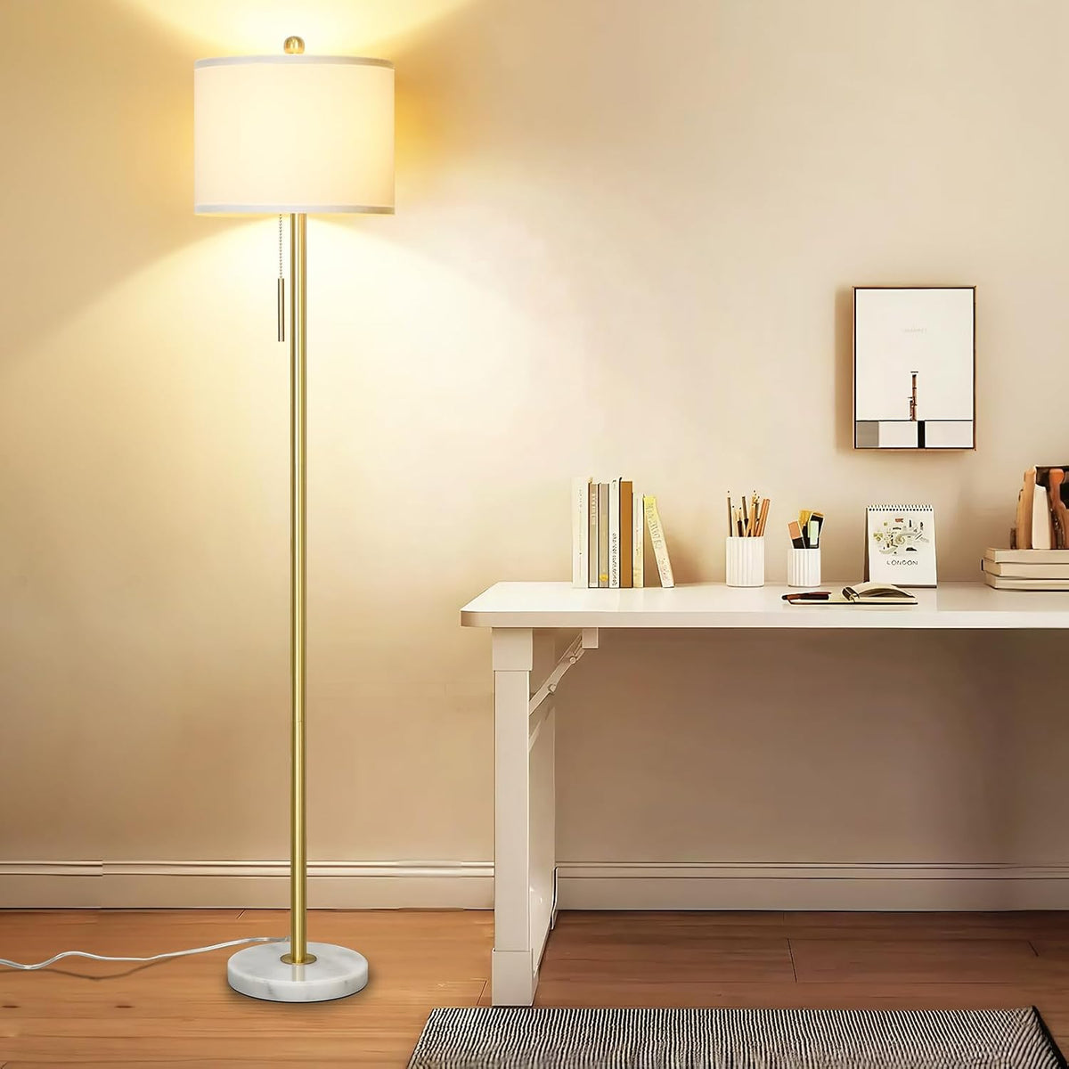 Qingmiao Gold Floor Lamp for Living Room, Anti-Tip Base, 3 Way Bulb