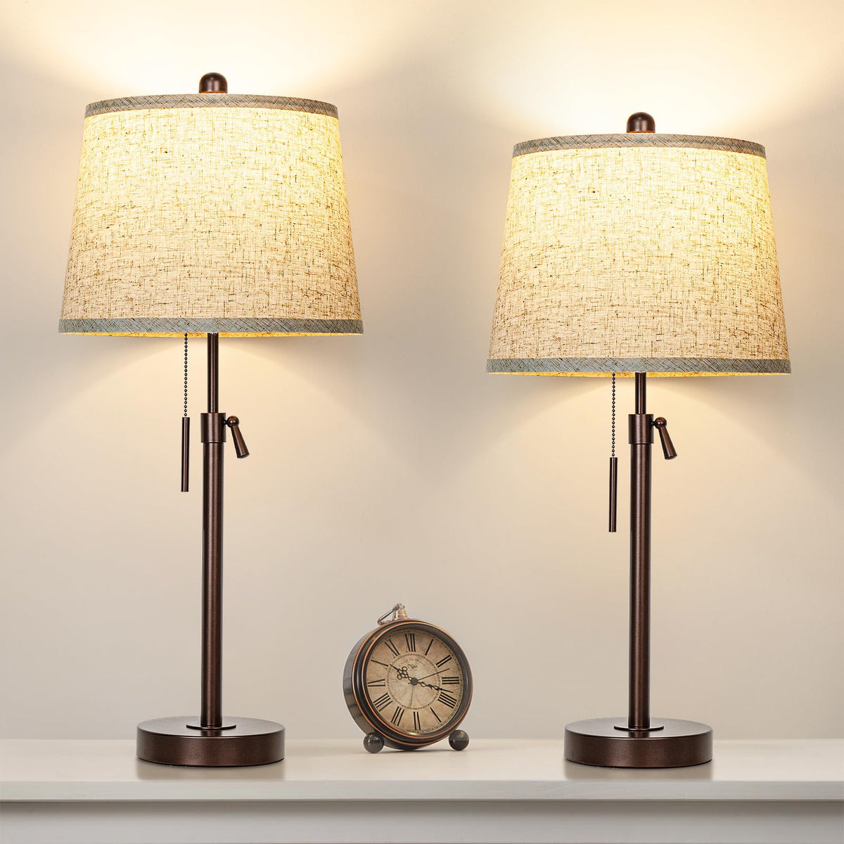 JUNNAI 2 Pack 22"-30" Adjustable Height Table Lamps Set, Modern Gold Table Lamps with White Shade 3 Colour Temperature Pull Chain Tall Lamps for Living Room Bedroom Bedside End Table Nightstand