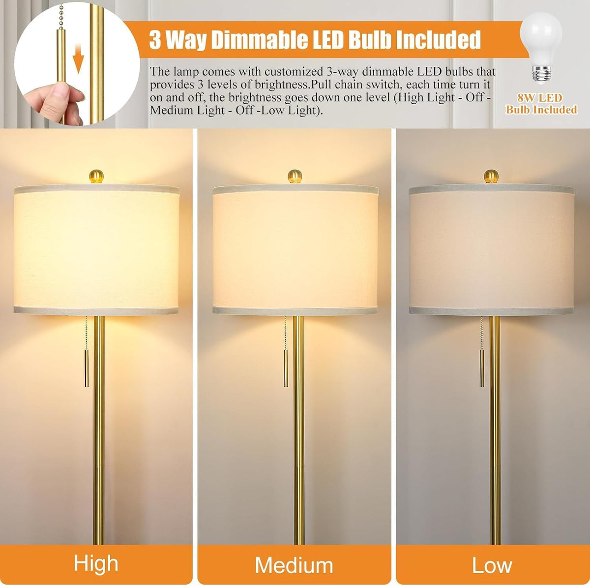 Qingmiao Gold Floor Lamp for Living Room, Anti-Tip Base, 3 Way Bulb