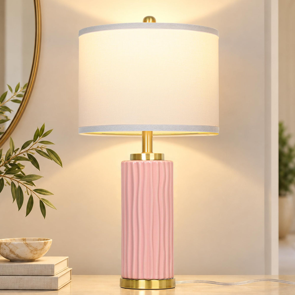 JUNNAI 24.5" White Ceramic Table Lamp 3-Way Dimmable Nightstand with White Linen Shade Bedside Lamp for Bedrooms & Living Room Office Reading(Bulb Included)
