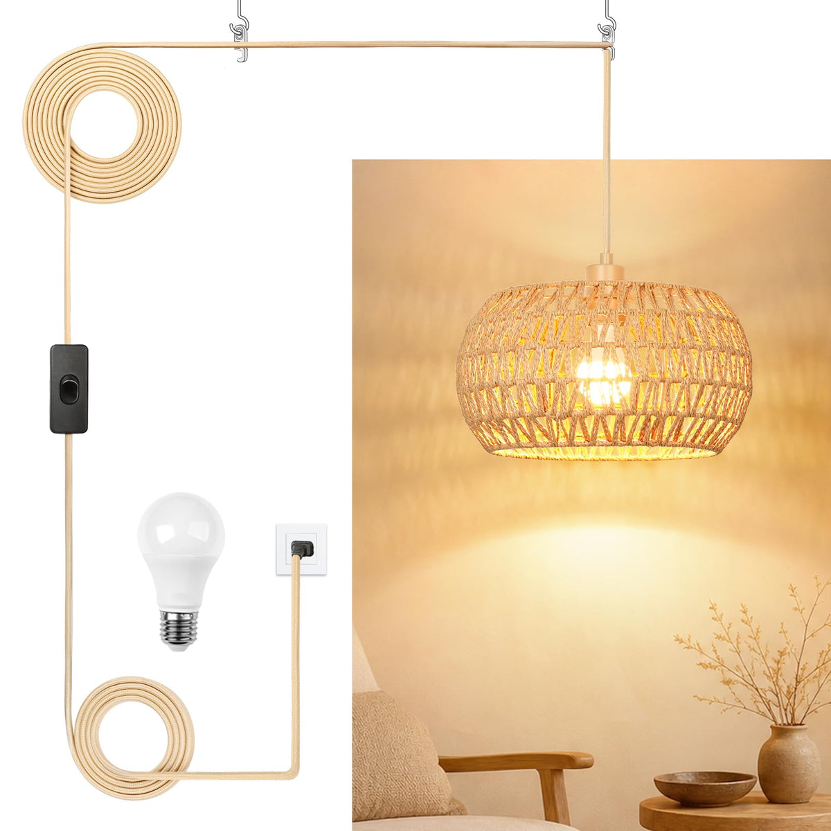 Qingmiao Boho Plug in Pendant Light, Handwoven Shade, 3 Way Bulb, 14ft Cord