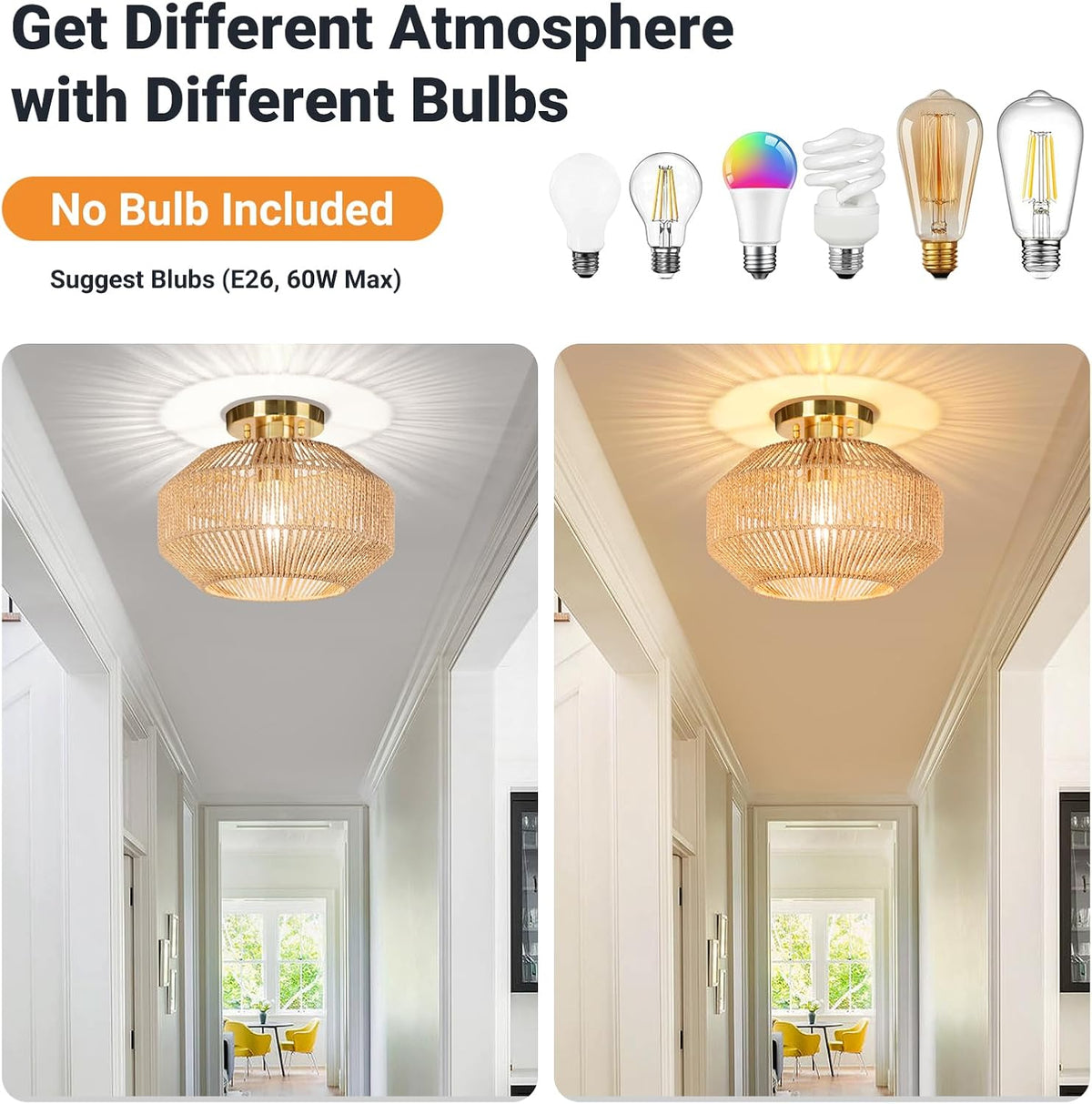 Qingmiao Boho Semi Flush Mount Ceiling Light, 11. 8" L x 11.8" W x 9.3" H