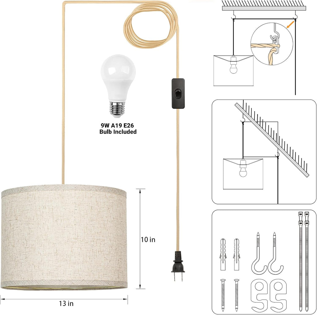 Qingmiao Plug in Pendant Light, 3 Way Bulb, 14ft Cord, On/Off Switch