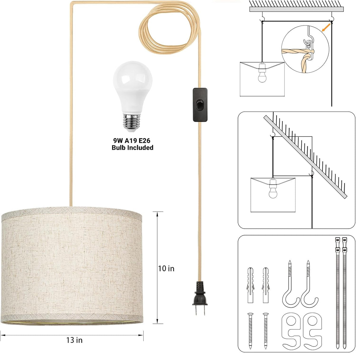 Qingmiao Plug in Pendant Light, 3 Way Bulb, 14ft Cord, On/Off Switch