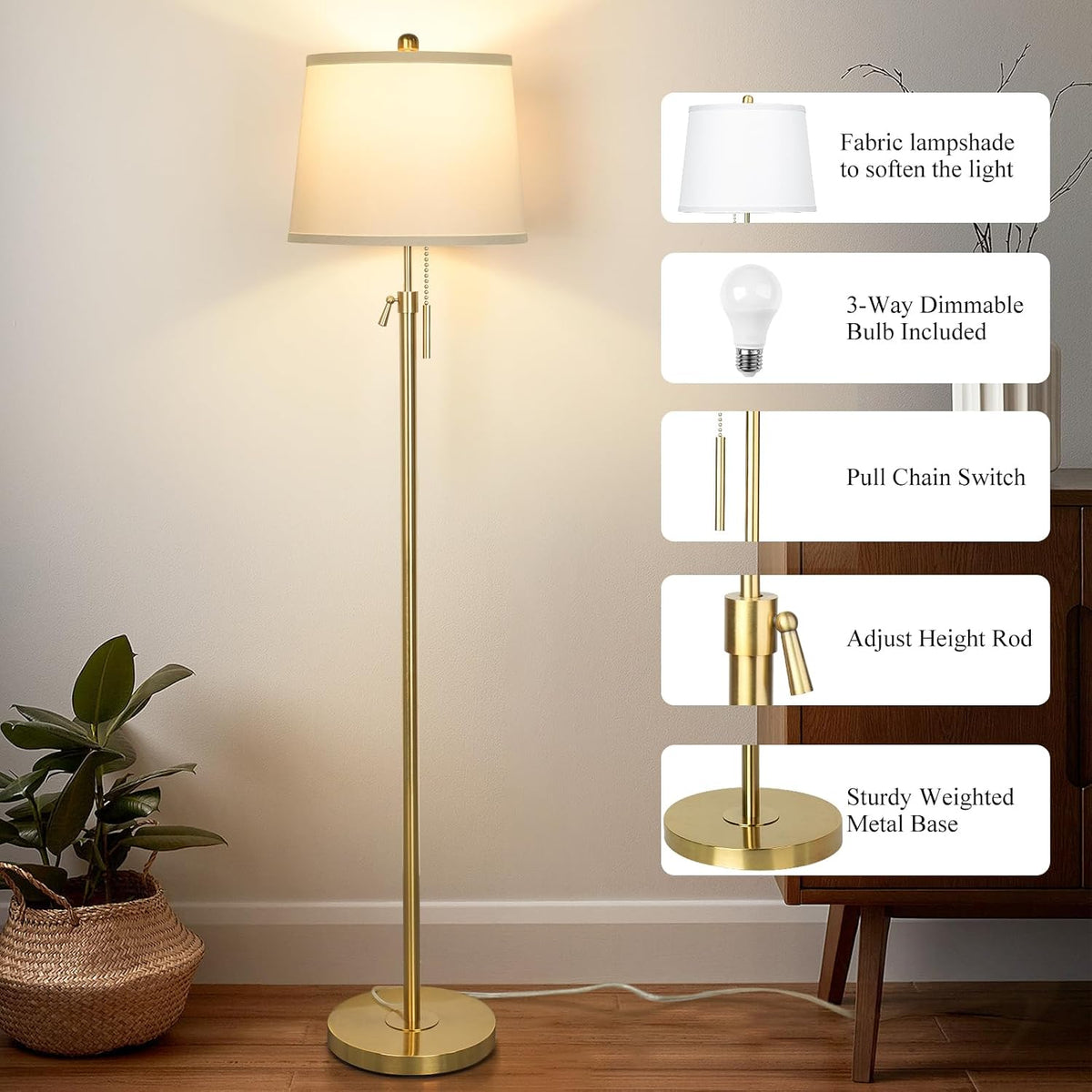 JUNNAI Gold Floor Lamp for Living Room, Tall Standing Lamp 55-65" Adjustable Modern Brass Floor Lamps for Bedroom Reading Office Kids 3 Color Lights Corner Night Stand (9W LED Bulb, White Shade)