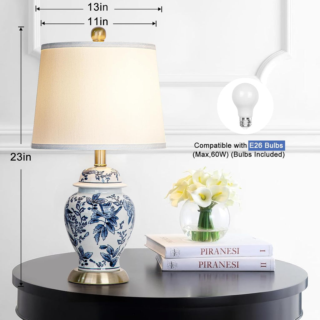 Chinoiserie Table Lamp 23'' Ceramic Table Lamp, Classic Blue and White Bedside Desk Nightstand Lamp for Bedroom Living Room Office College Bookcase Coffee,Dimmable,Single Lamp