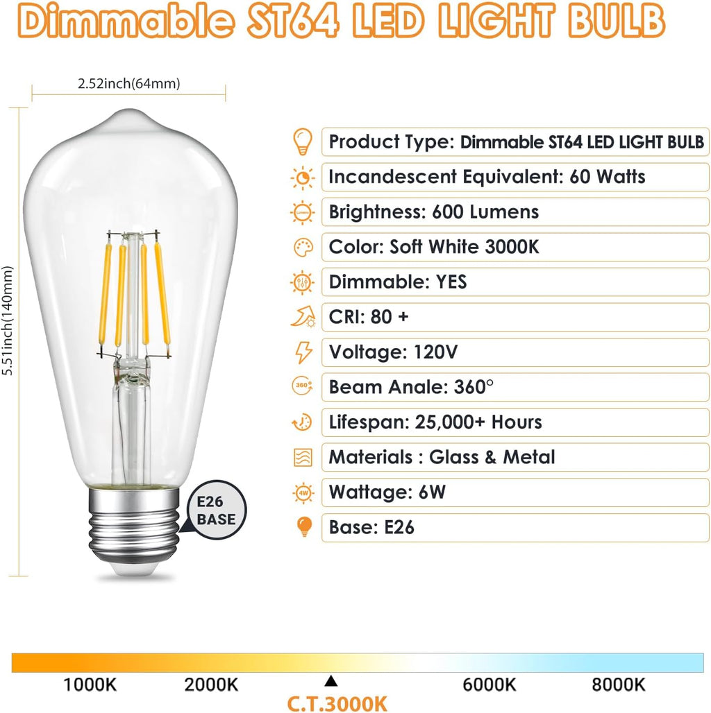 Qingmiao Dimmable ST64 LED Edison Bulbs, 6W 3000K Soft White, E26, 6 Pack
