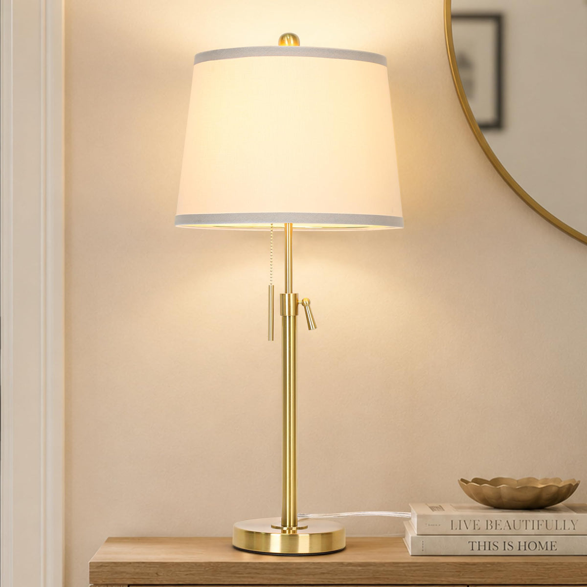 JUNNAI 2 Pack 22"-30" Adjustable Height Table Lamps Set, Modern Gold Table Lamps with White Shade 3 Colour Temperature Pull Chain Tall Lamps for Living Room Bedroom Bedside End Table Nightstand