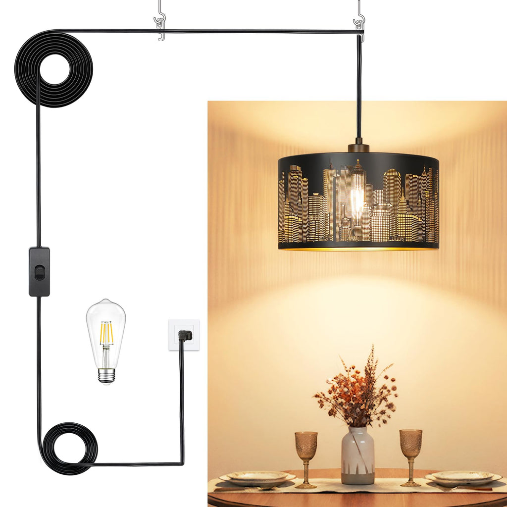 Qingmiao Plug in Pendant Light, 3 Way Bulb, 14ft Cord, On/Off Switch