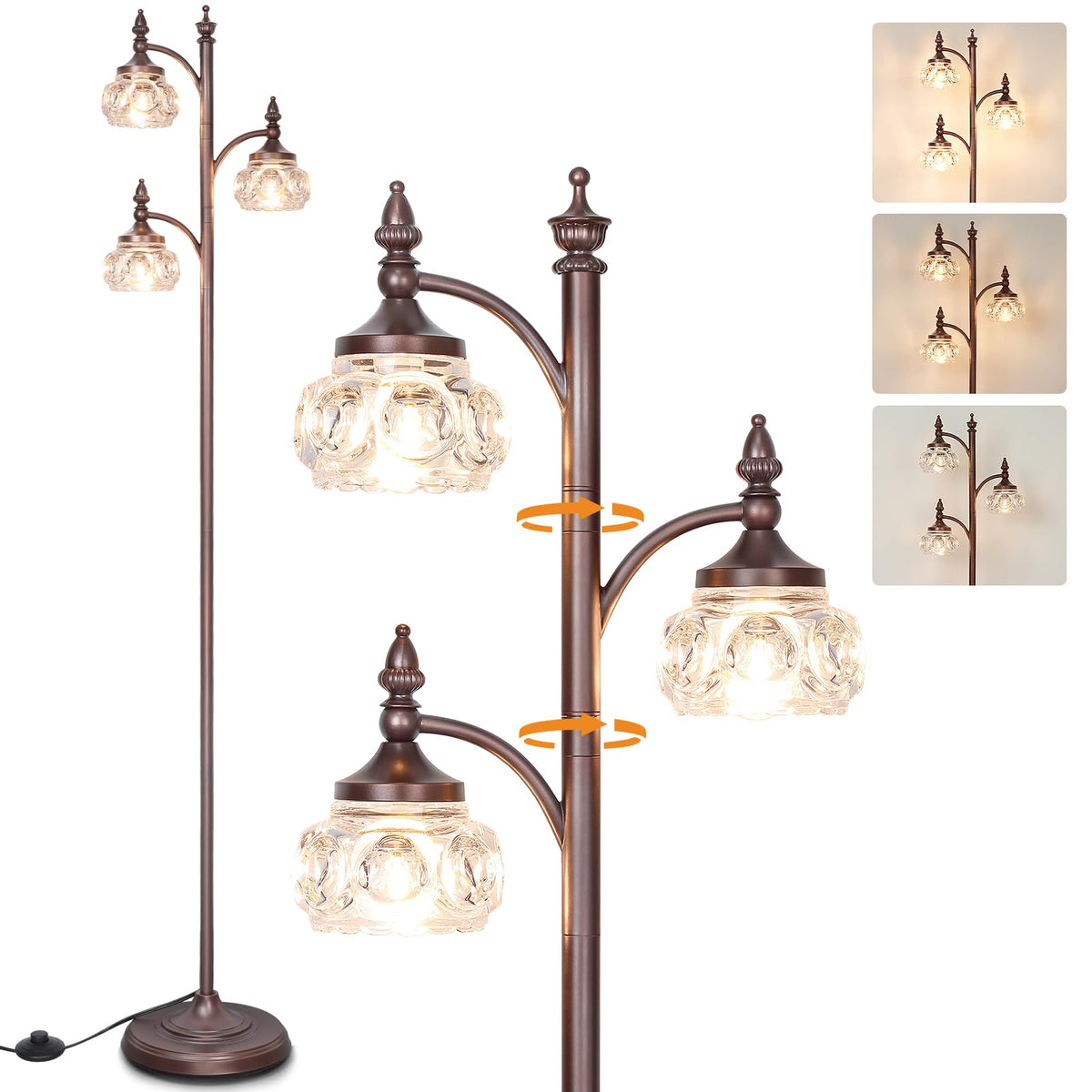 JUNNAI Gold Floor Lamp, Dimmable Tree Floor Lamps for Living Room Brass Tall Standing Lamp with 3 Rotatable Lights Glass Shade 66.5'' Modern Corner Lamp for Bedroom Office(3LED Bulbs Included)
