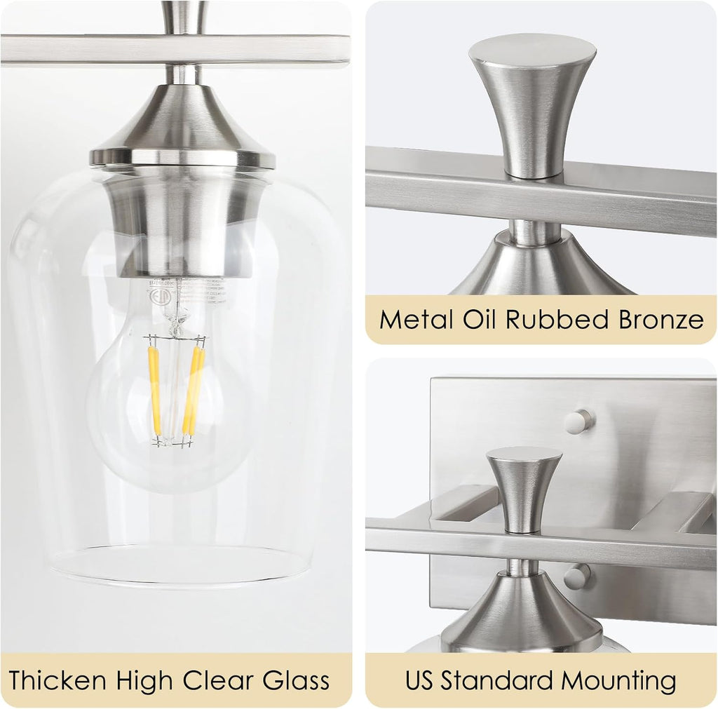 Silver Bathroom Vanity Light, 3-Light Wall Sconce with Glass Shade