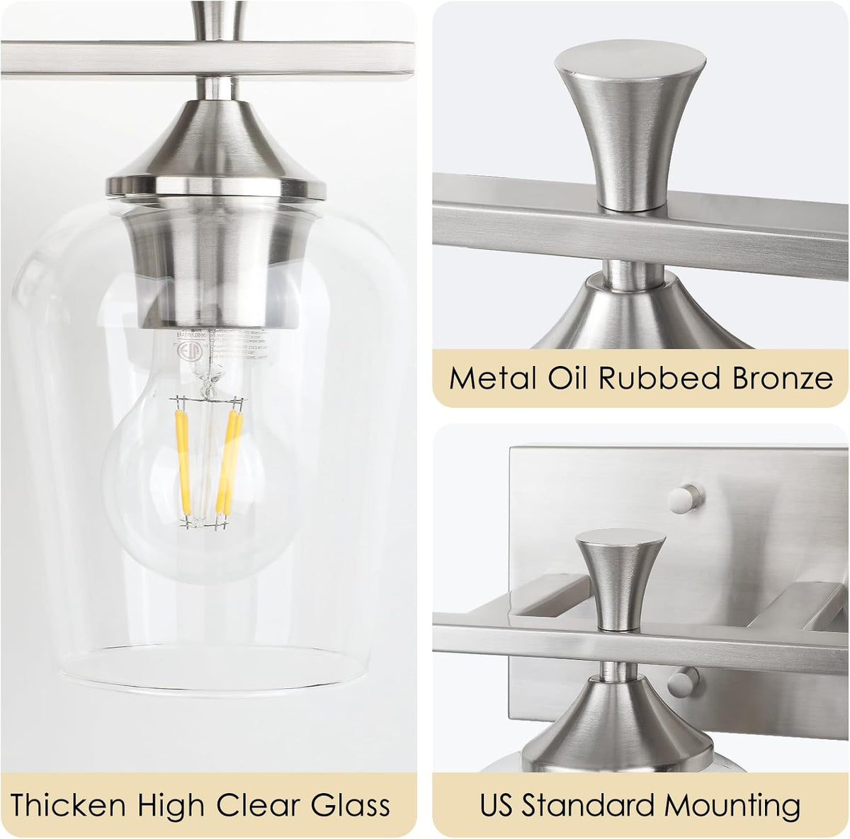 Silver Bathroom Vanity Light, 3-Light Wall Sconce with Glass Shade